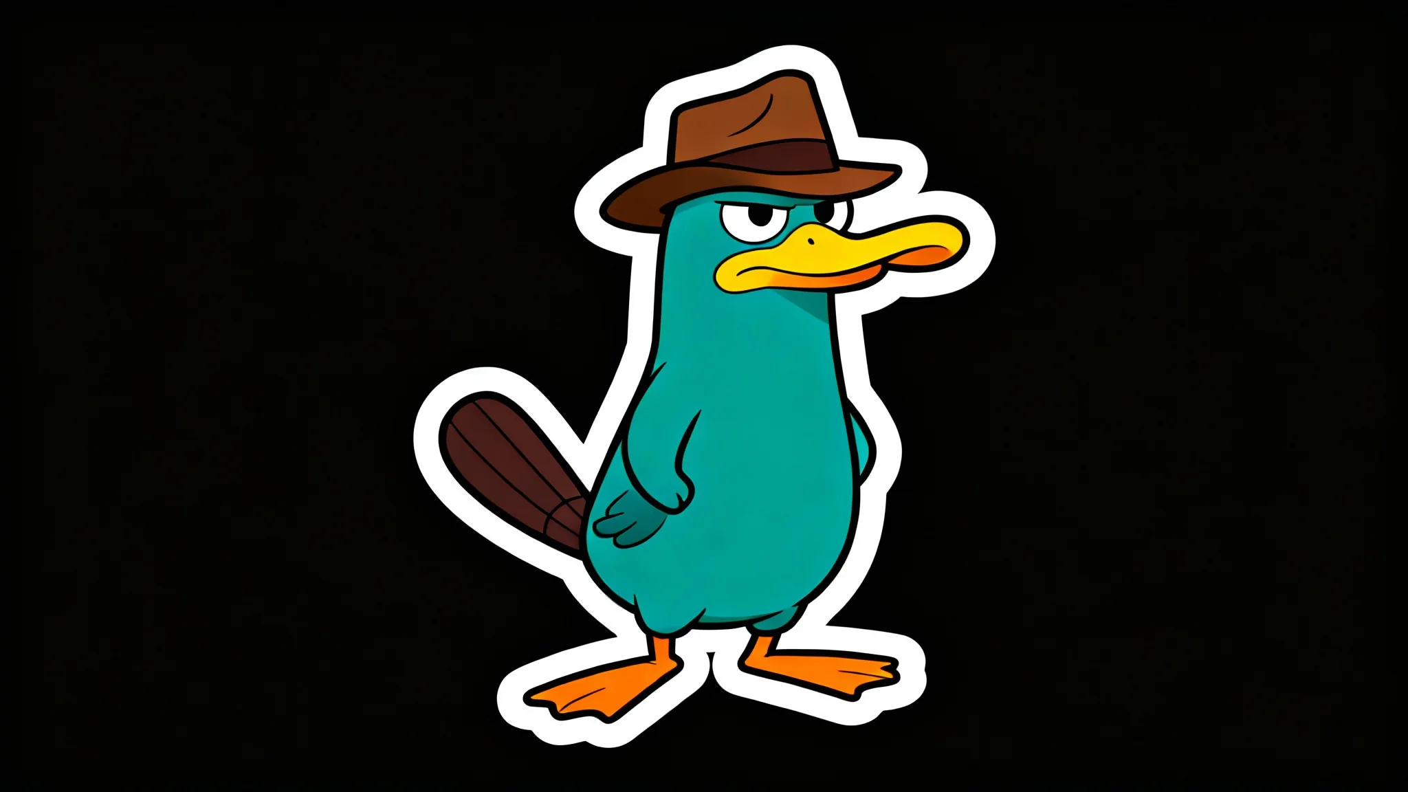 A full-body digital illustration of Perry the Platypus as Agent P, standing in his secret agent pose with his fedora on. The character has a thick white border, resembling a cutout, and is placed on a plain white background.