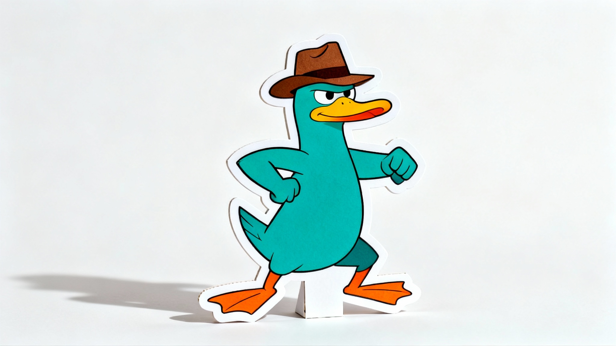 A full-body cutout of Perry the Platypus as Agent P, standing in an action pose with his fedora on, set against a plain white background.