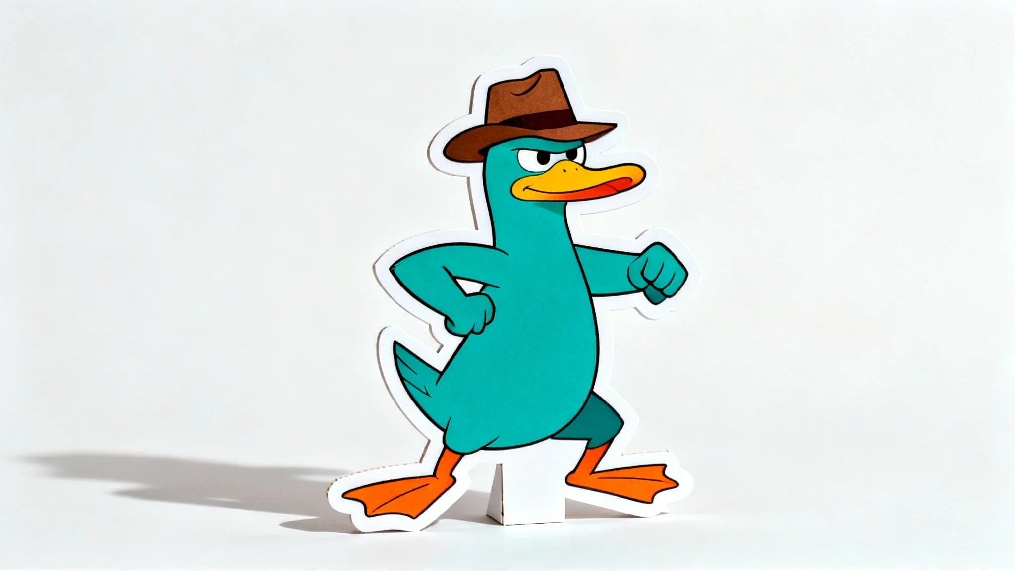 A full-body cutout of Perry the Platypus as Agent P, standing in an action pose with his fedora on, set against a plain white background.