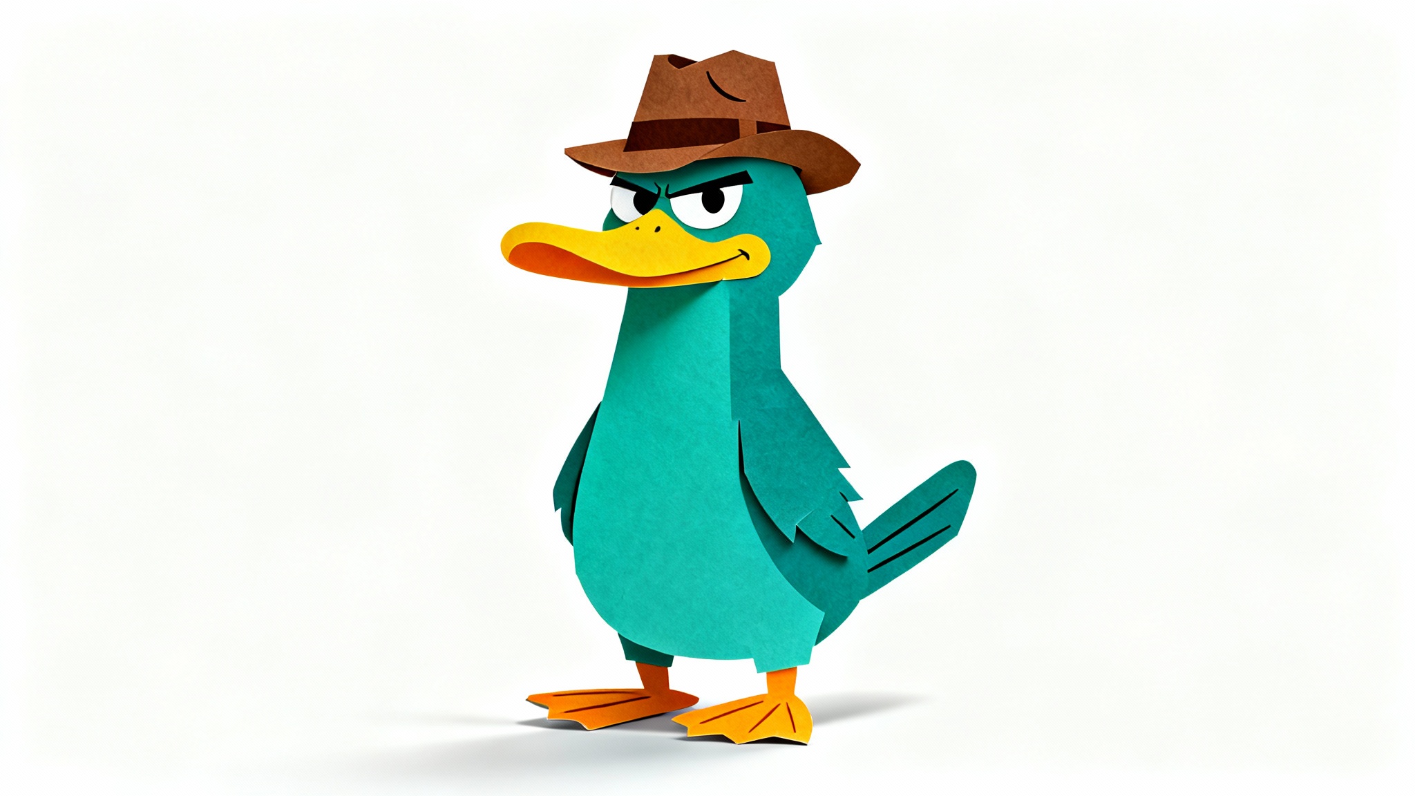 A full-body paper cutout of Perry the Platypus in his secret agent outfit, including his brown fedora, standing against a plain white background.