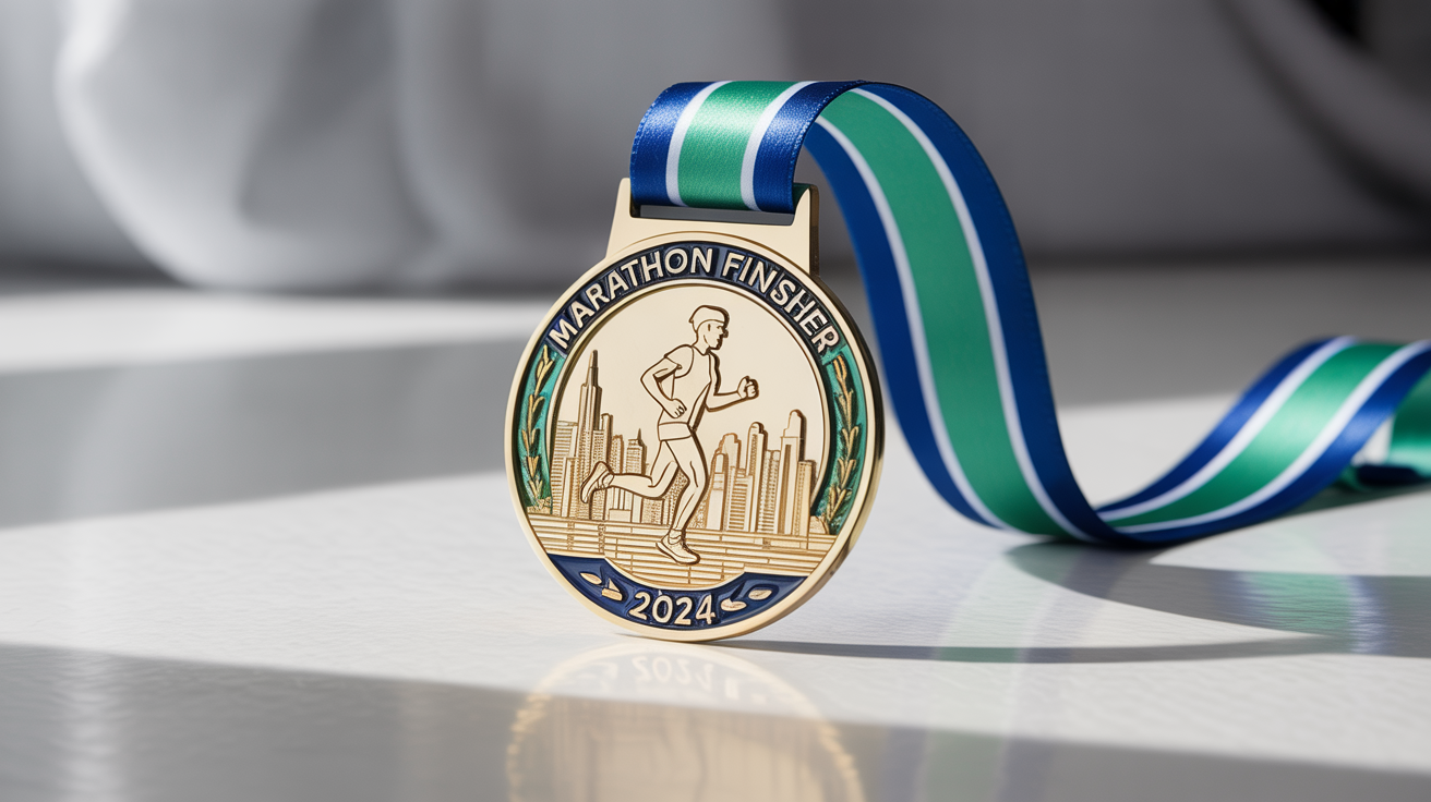 A professional hero image of a gold 2024 marathon finisher medal, featuring an engraved runner and city skyline, with a blue and green striped ribbon, shot in a studio setting on a white background.