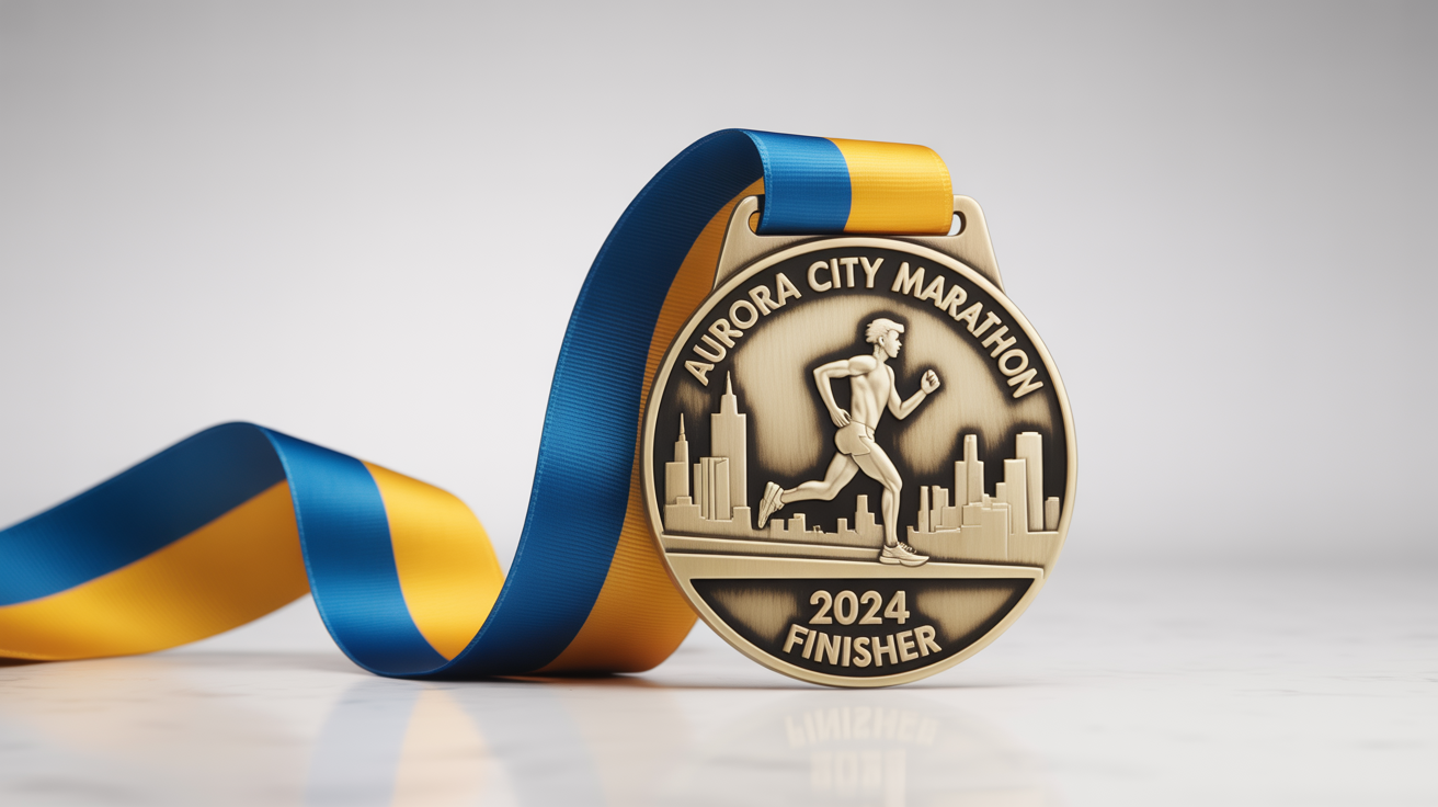 A custom-designed, antique gold marathon medal with a blue and yellow ribbon, engraved with 'Aurora City Marathon 2024 Finisher', displayed on a clean white background.