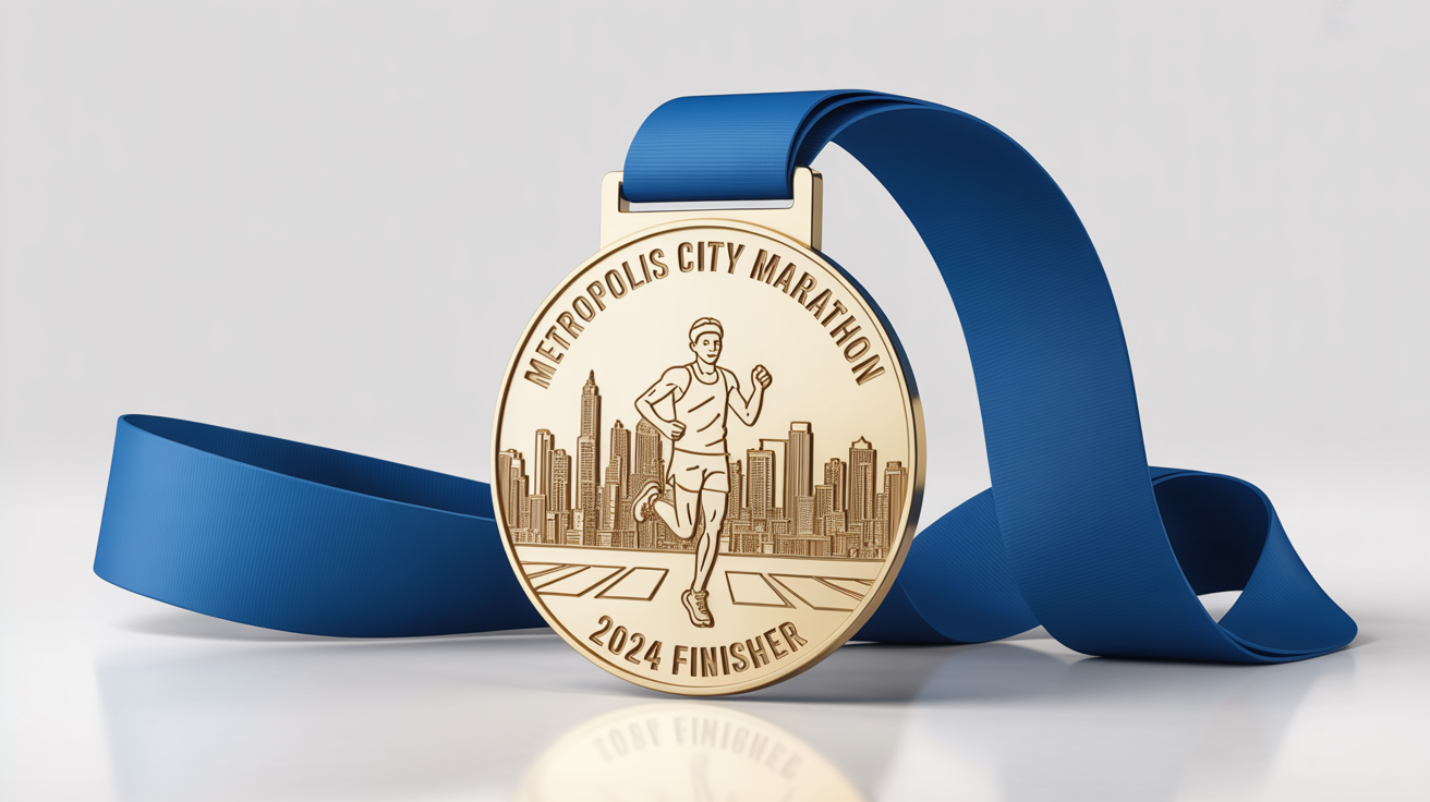 A photorealistic mockup of a gold marathon finisher's medal for the 'Metropolis City Marathon 2024', resting on a white background with its blue and white ribbon draped beside it.