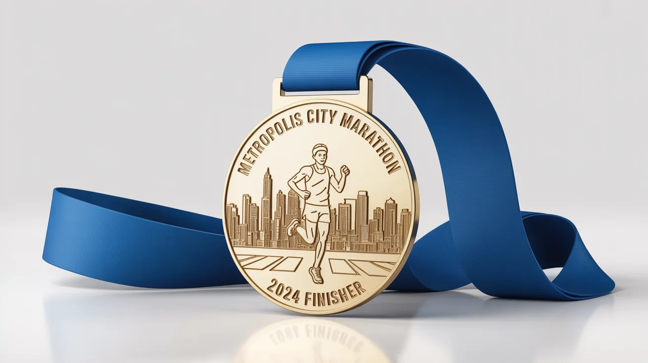 A photorealistic mockup of a gold marathon finisher's medal for the 'Metropolis City Marathon 2024', resting on a white background with its blue and white ribbon draped beside it.