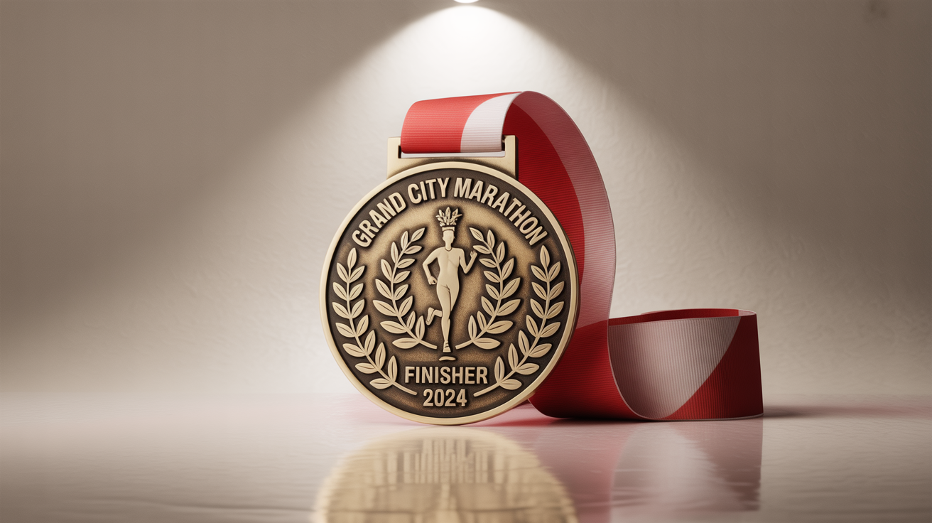 A photorealistic mockup of a gold marathon medal with 'Grand City Marathon Finisher 2024' engraved on it, featuring a red and white striped ribbon, set against a clean white background.
