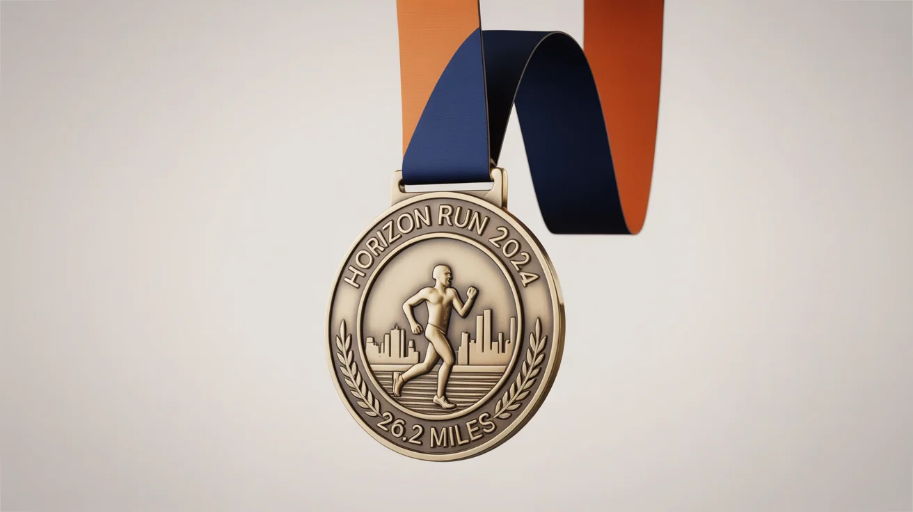 A high-quality, photorealistic mockup of a circular, antique gold marathon medal with 'HORIZON RUN 2024' text, hanging from a blue and orange ribbon against a plain white background.