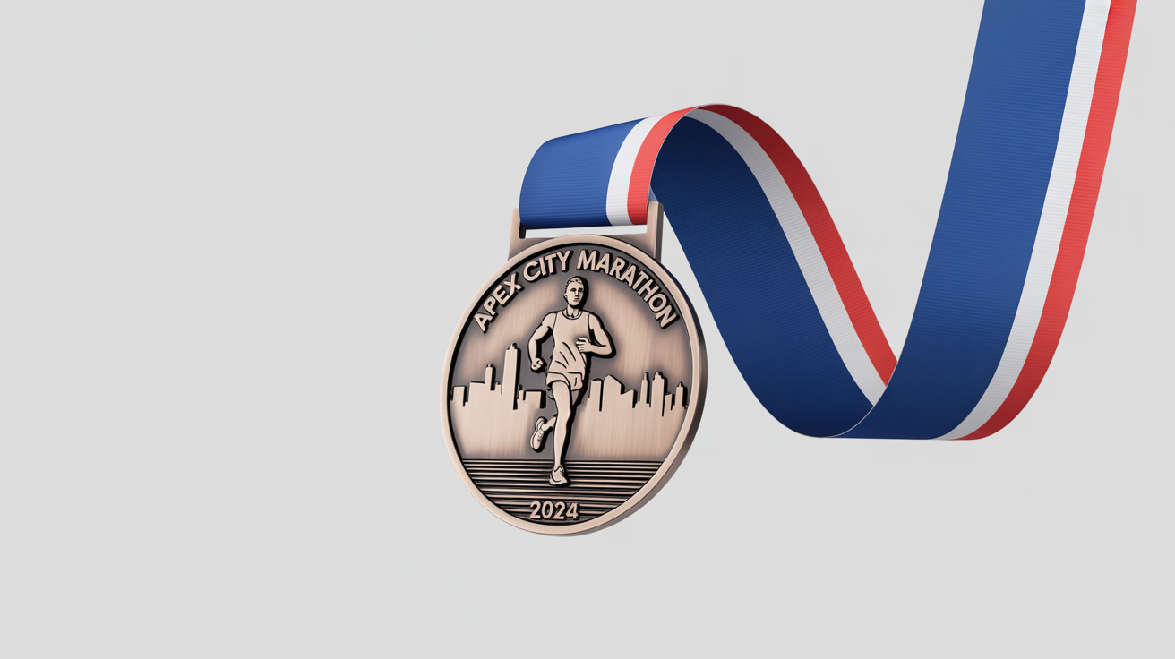 A photorealistic mockup of a bronze marathon medal for the 'APEX CITY MARATHON 2024', lying on a white surface with its red, white, and blue ribbon elegantly displayed.