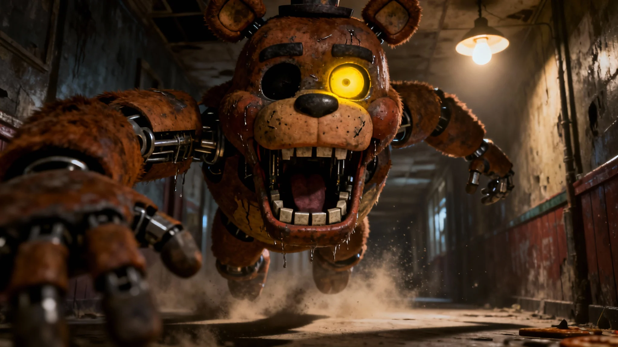 An ultra-realistic and terrifying digital artwork of Freddy Fazbear lunging from a dark hallway, showcasing the final result of an advanced fan art creation tool.