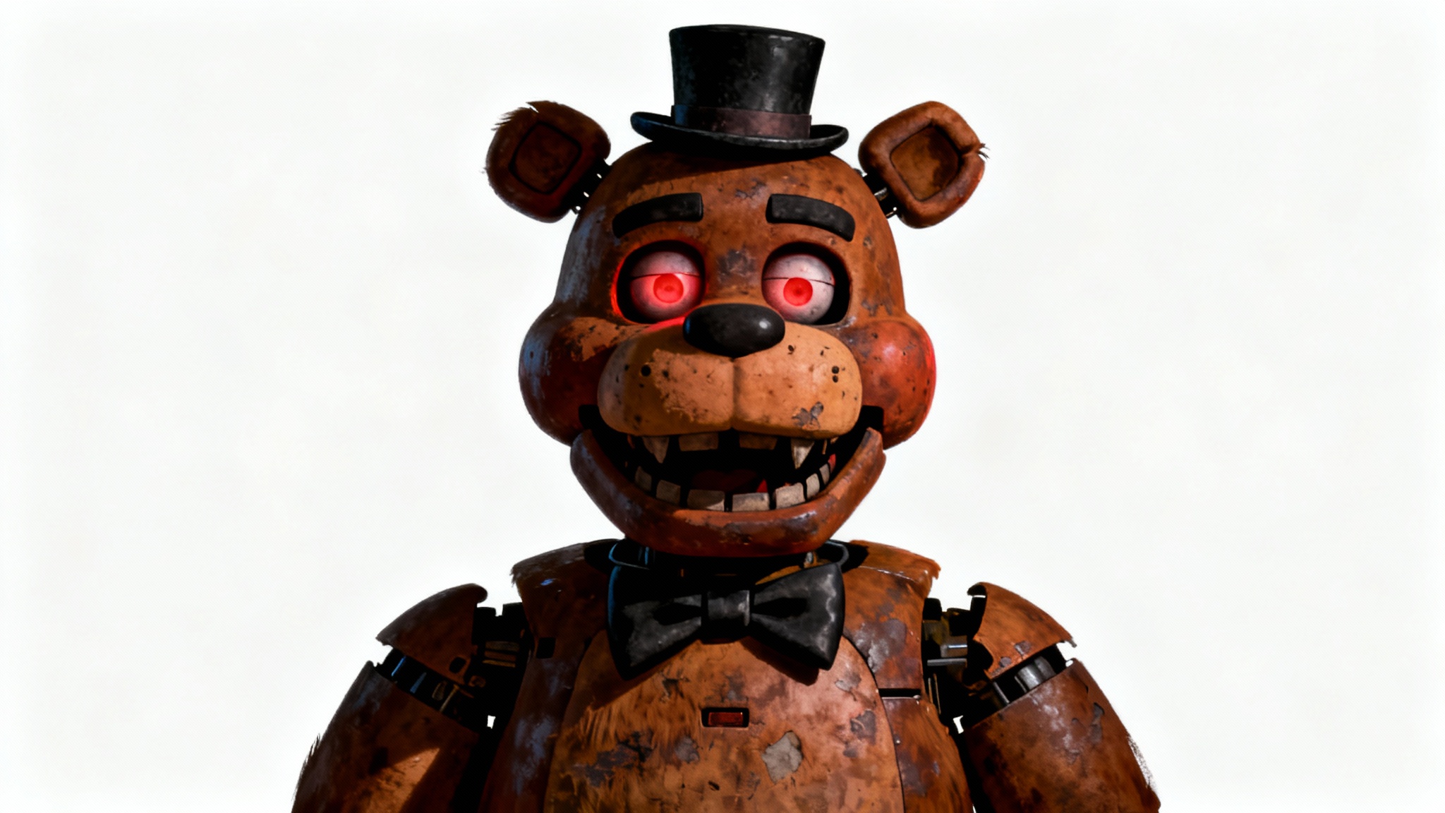 A dramatic and detailed fan art digital painting of Freddy Fazbear's bust against a plain white background. He has a menacing stare, glowing red eyes, and is lit from the side to create deep, suspenseful shadows.