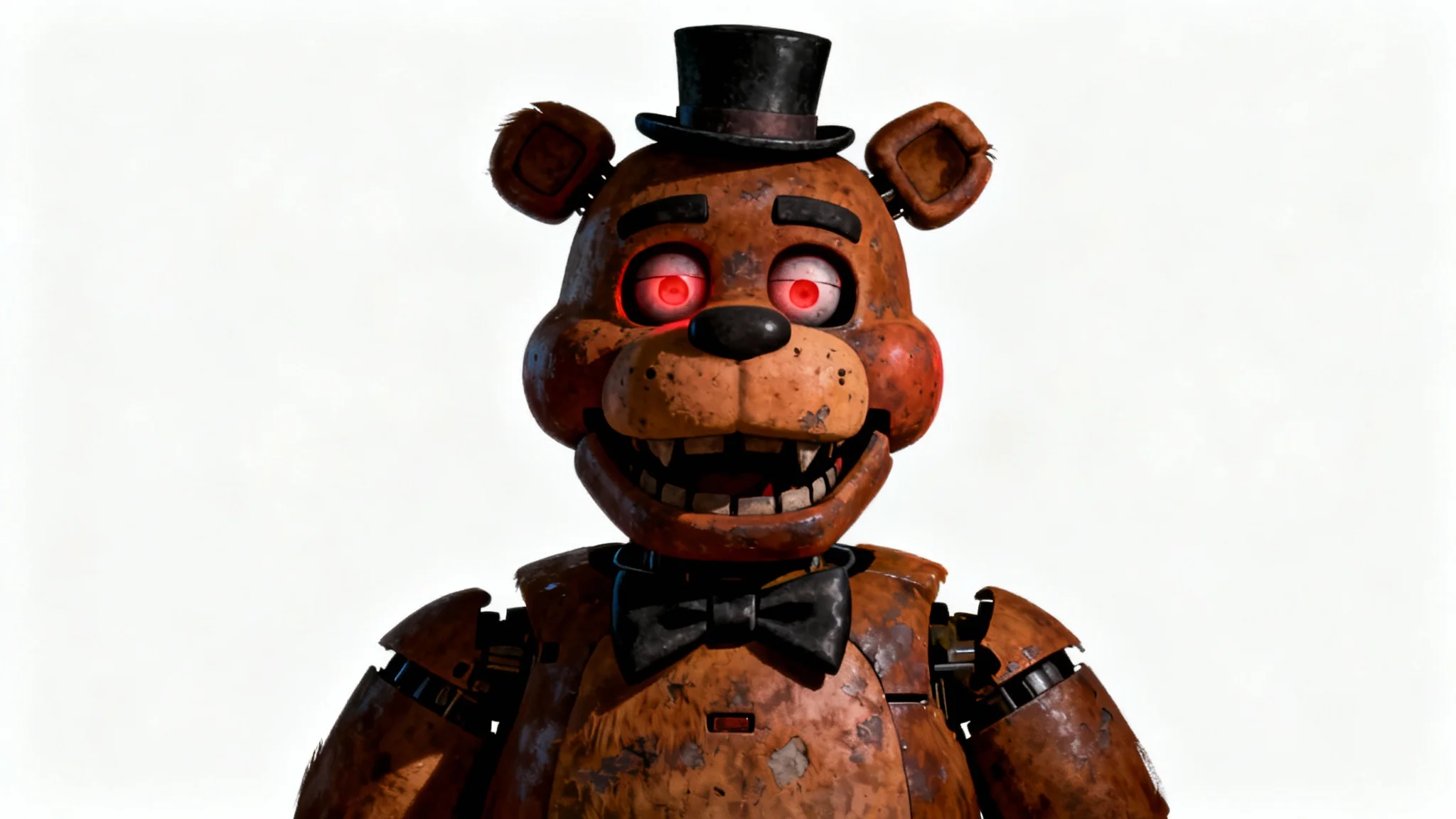 A dramatic and detailed fan art digital painting of Freddy Fazbear's bust against a plain white background. He has a menacing stare, glowing red eyes, and is lit from the side to create deep, suspenseful shadows.