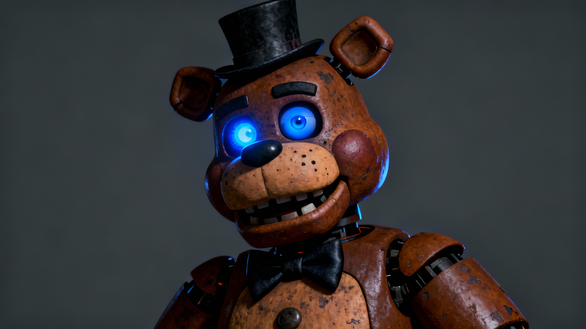 A highly detailed digital fan art portrait of Freddy Fazbear against a dark background, with dramatic lighting and one eye glowing a menacing blue.