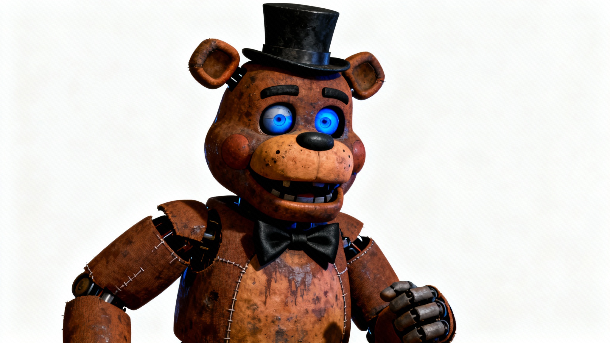A hyper-realistic fan art depiction of Freddy Fazbear, the animatronic bear, standing against a plain white background with dramatic, shadowy lighting and glowing blue eyes.