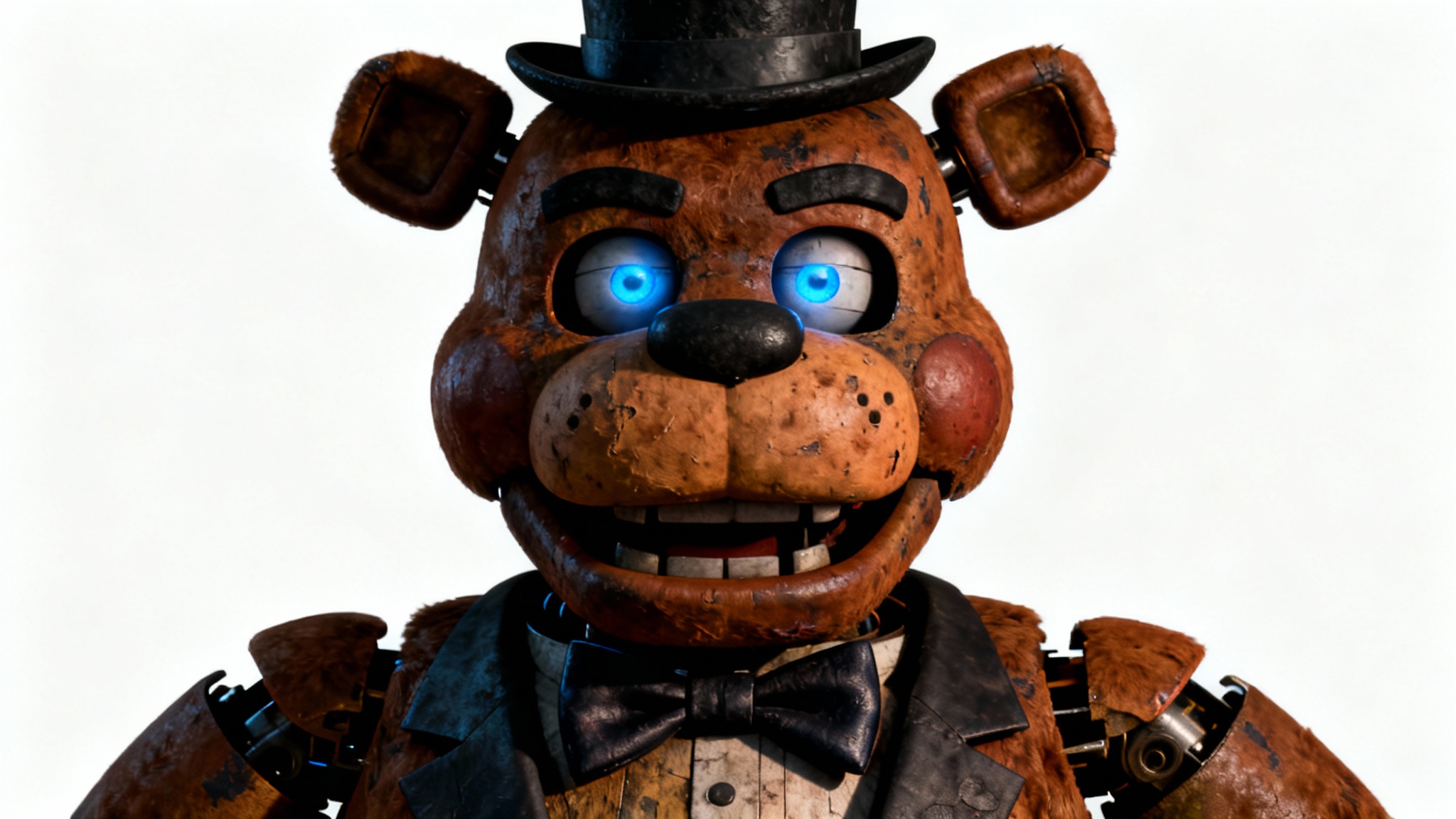 A hyper-realistic, cinematic fan art portrait of Freddy Fazbear against a white background, staring menacingly with glowing blue eyes.