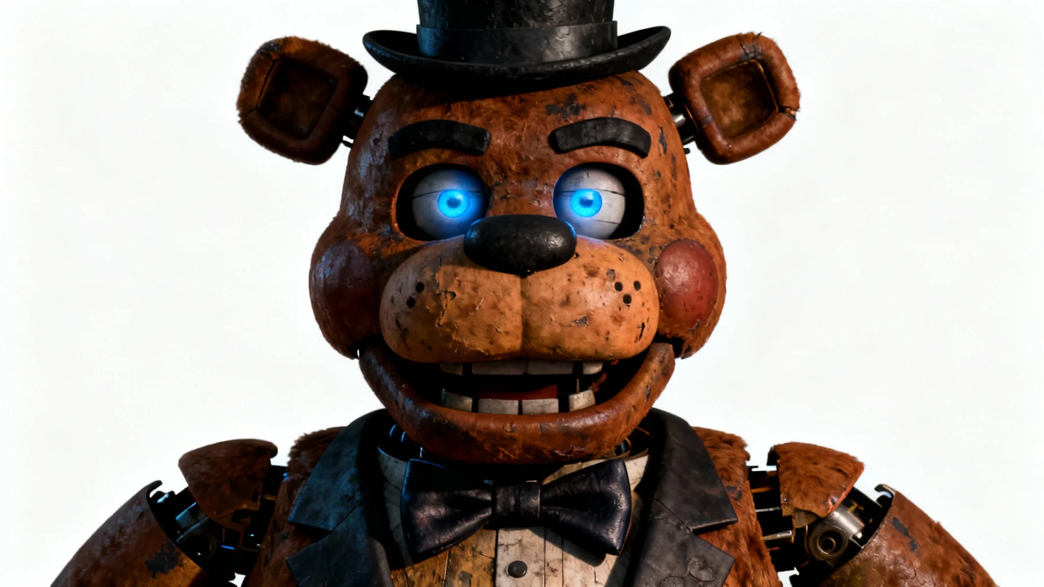A hyper-realistic, cinematic fan art portrait of Freddy Fazbear against a white background, staring menacingly with glowing blue eyes.