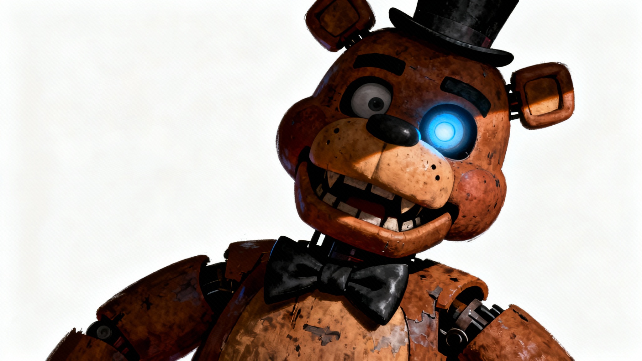 A creepy fan art illustration of Freddy Fazbear shown from the chest up against a stark white background. The animatronic bear is under dramatic lighting, with one eye glowing a faint blue.