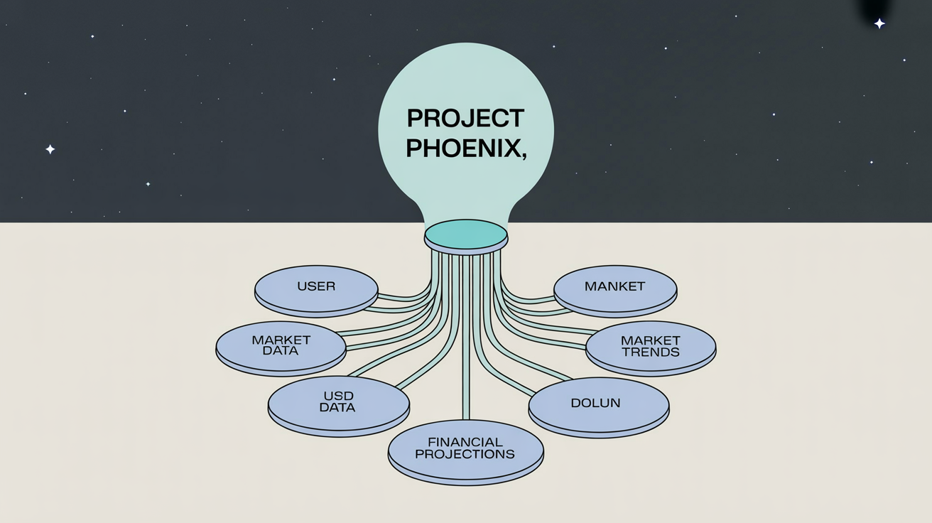 A stunning 3D visualization of a knowledge graph, showing a central node labeled 'Project Phoenix' connected to other nodes like 'User Data' and 'Market Trends' with glowing lines on a dark background.