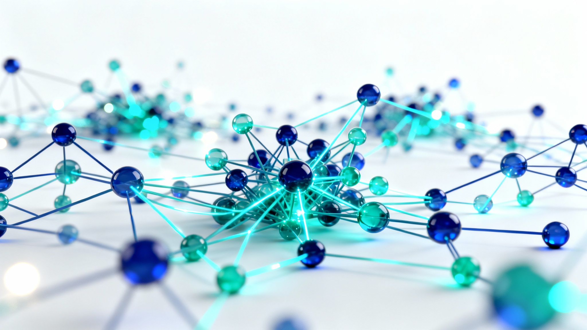 An abstract 3D visualization of a knowledge graph, featuring glowing blue and teal spherical nodes connected by lines of light, all floating against a clean white background.
