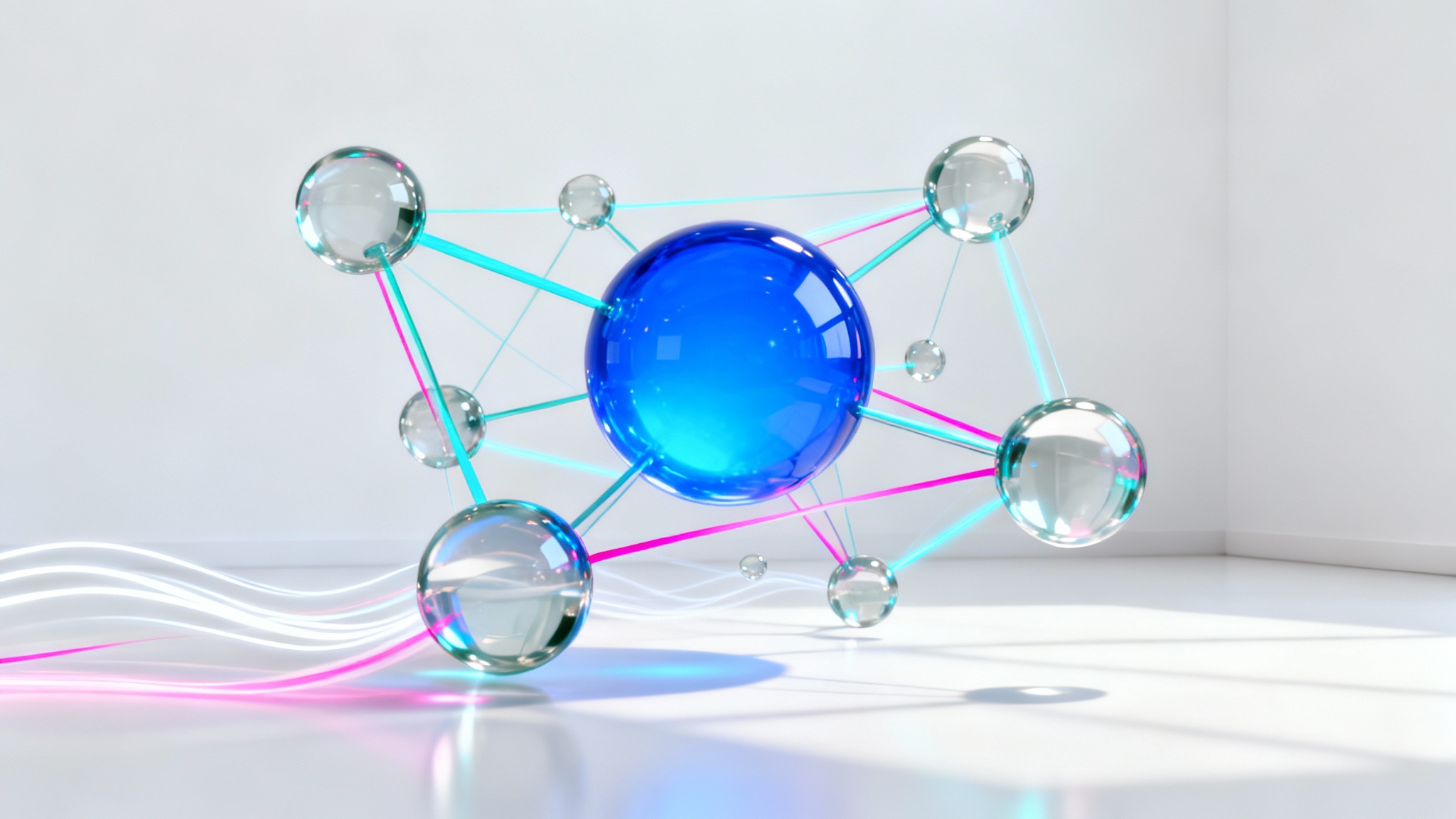 A 3D visualization of a knowledge graph, showing interconnected glowing blue and magenta nodes and lines floating against a clean white background, representing data and relationships.