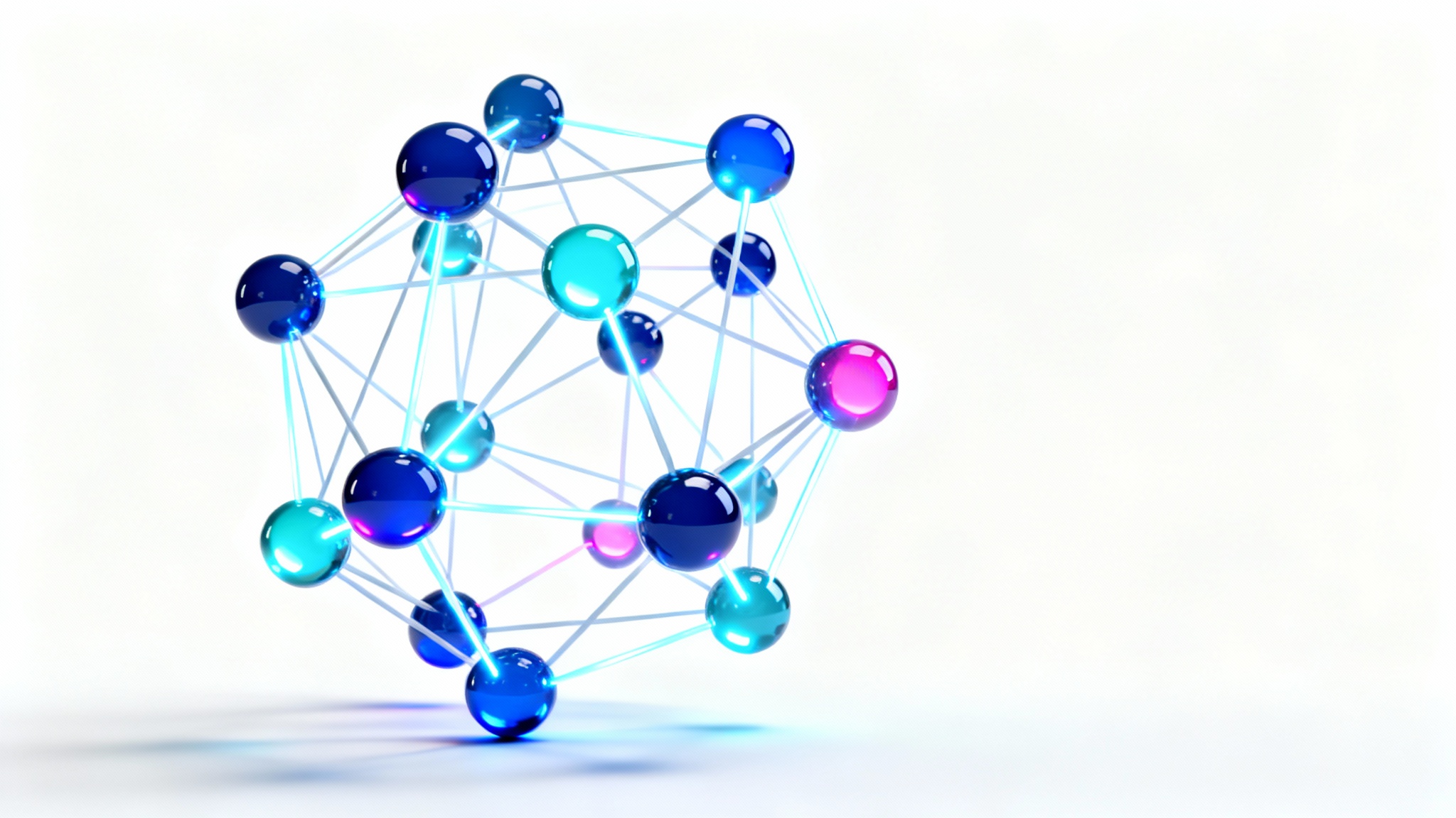 An abstract 3D rendering of a knowledge graph with glowing blue and teal spherical nodes connected by luminous lines, symbolizing data and relationships, set against a clean white background.