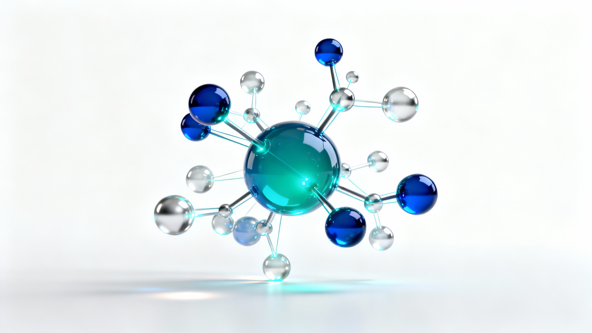A sophisticated 3D visualization of a knowledge graph, featuring glowing blue and teal spheres connected by light lines, floating against a clean white background.