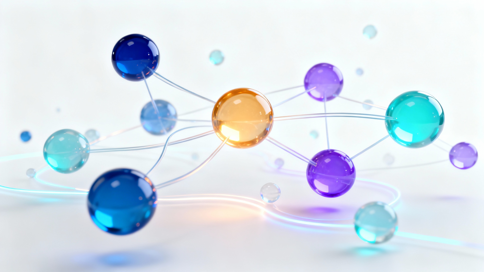 A 3D visualization of a knowledge graph, featuring glowing blue and purple nodes connected by lines of light, all set against a clean white background to symbolize data connectivity.