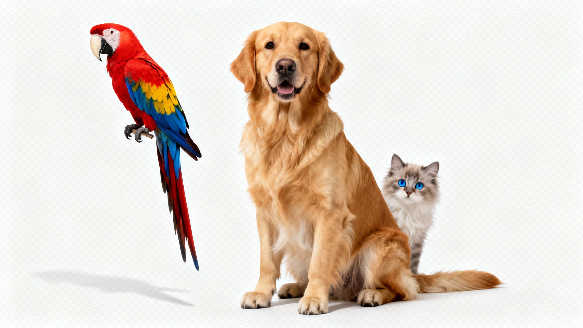 A photorealistic studio portrait of a golden retriever, a scarlet macaw, and a kitten posing together against a clean white background.