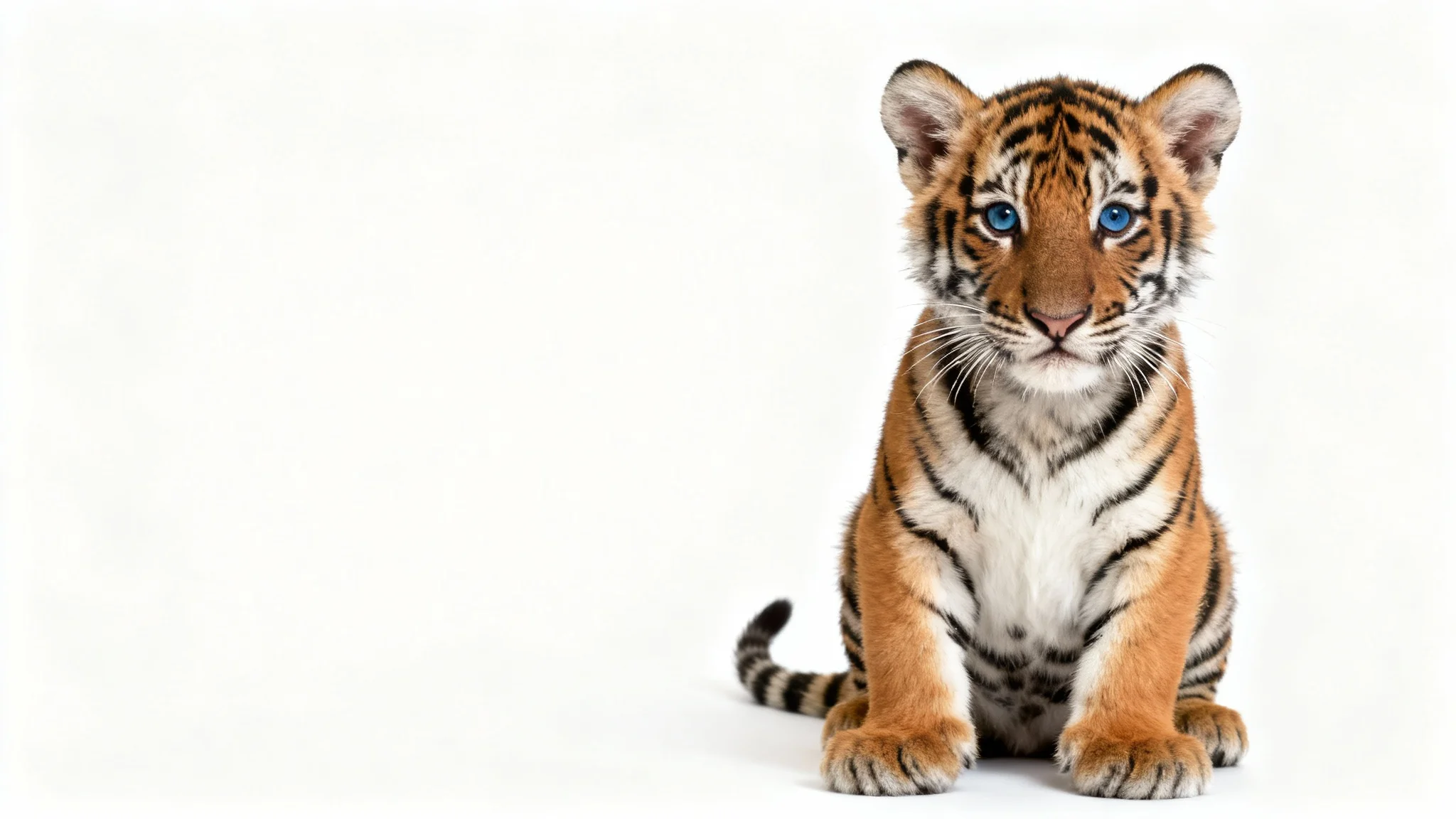 A photorealistic image of a cute Bengal tiger cub sitting down and looking directly at the camera against a plain white background.