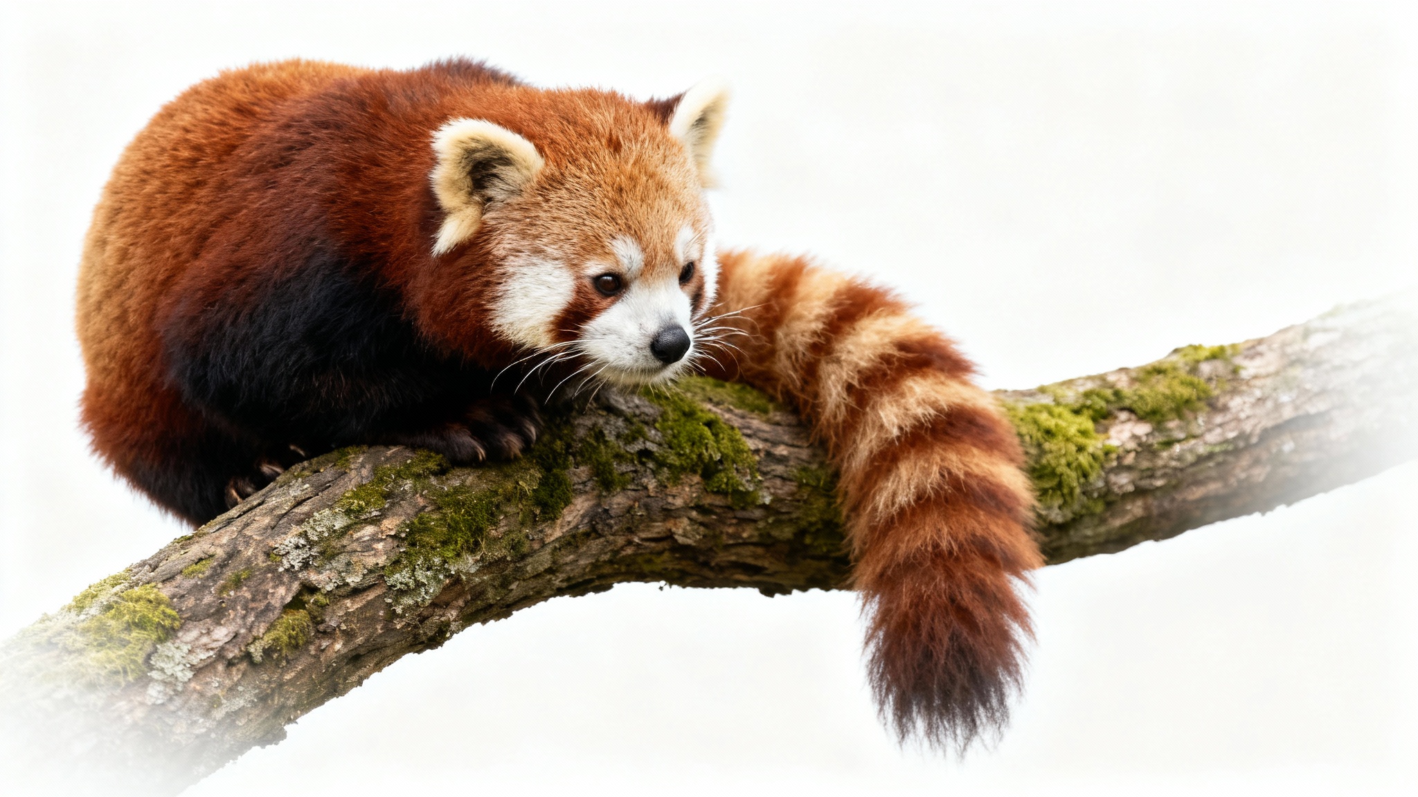 A hyper-realistic photo of a vibrant red panda with a long, bushy tail, resting peacefully on a branch against a solid white background.