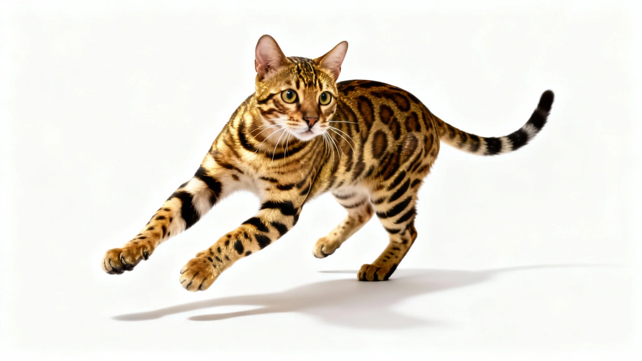 A photorealistic studio mockup image of a Bengal cat in a playful pouncing pose, set against a clean white background.