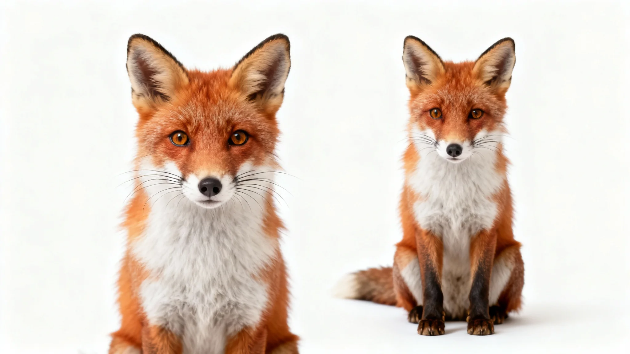 A photorealistic studio portrait of a vibrant red fox sitting down and looking directly forward, isolated against a solid white background.