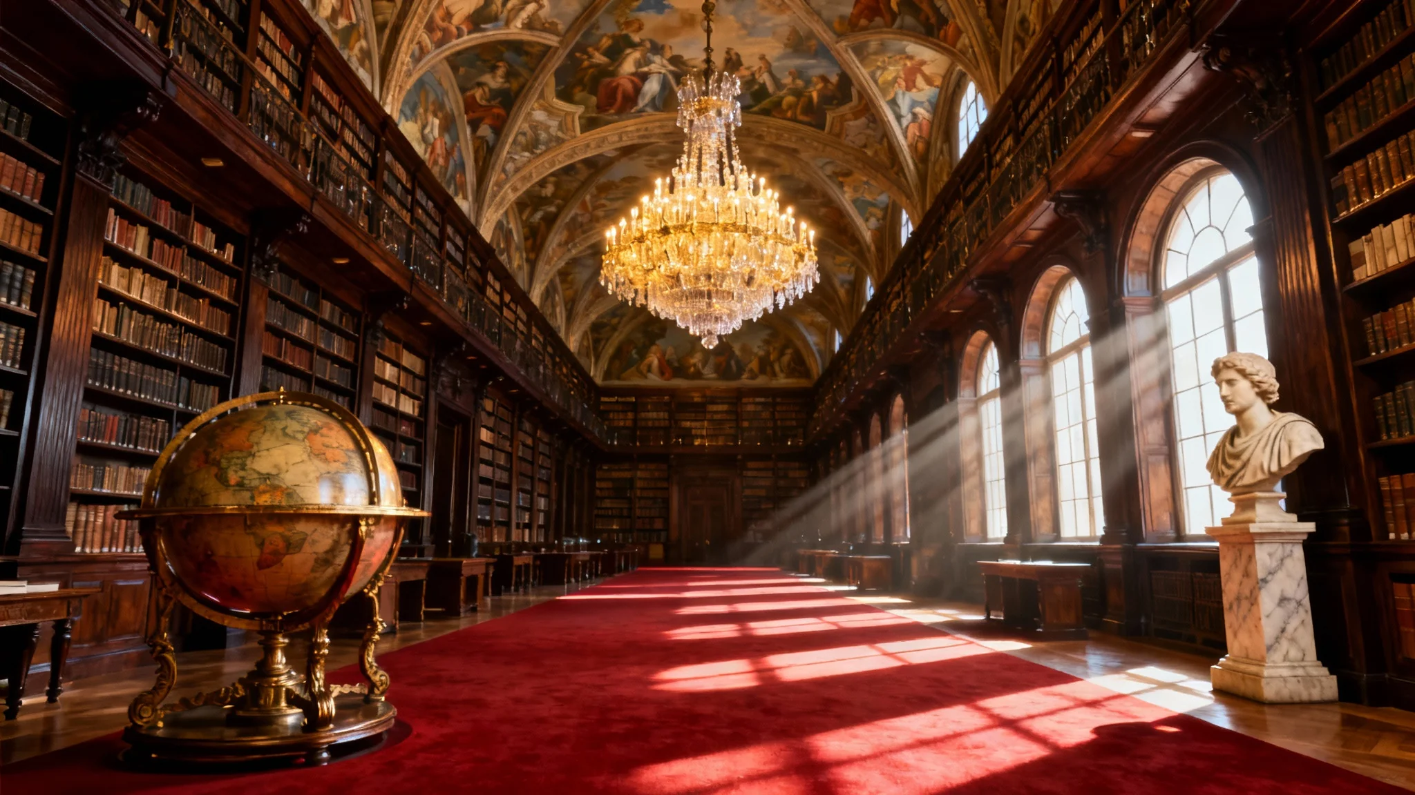 A hyper-realistic, sweeping interior view of a grand, multi-story library with towering wooden bookshelves, a large central chandelier, red carpets, an antique globe, and a marble bust, all bathed in warm, cinematic light.