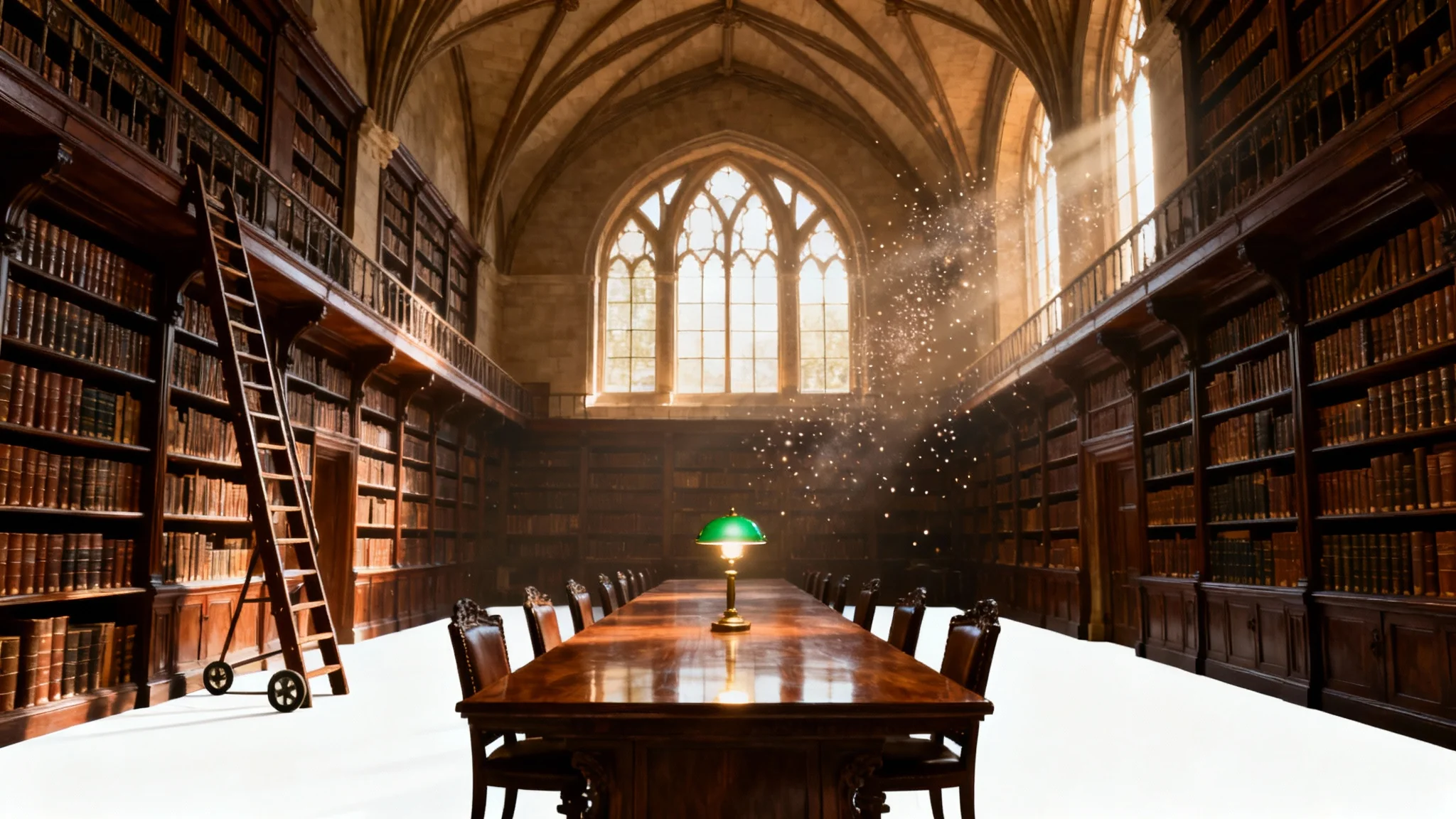 Interior of a vast, multi-story classical library with towering bookshelves filled with old books and a long reading table under a warm light, presented on a white background.
