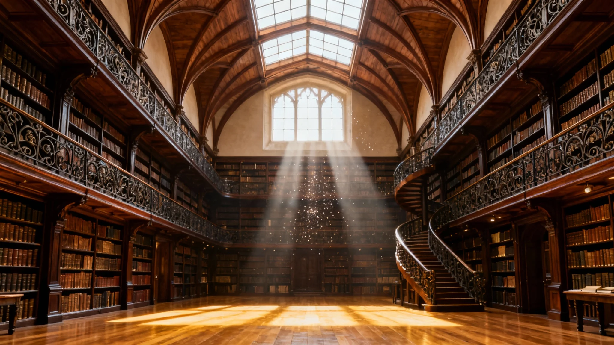 A vast and majestic multi-level library with towering bookshelves filled with old books, illuminated by streams of sunlight from a high vaulted ceiling.