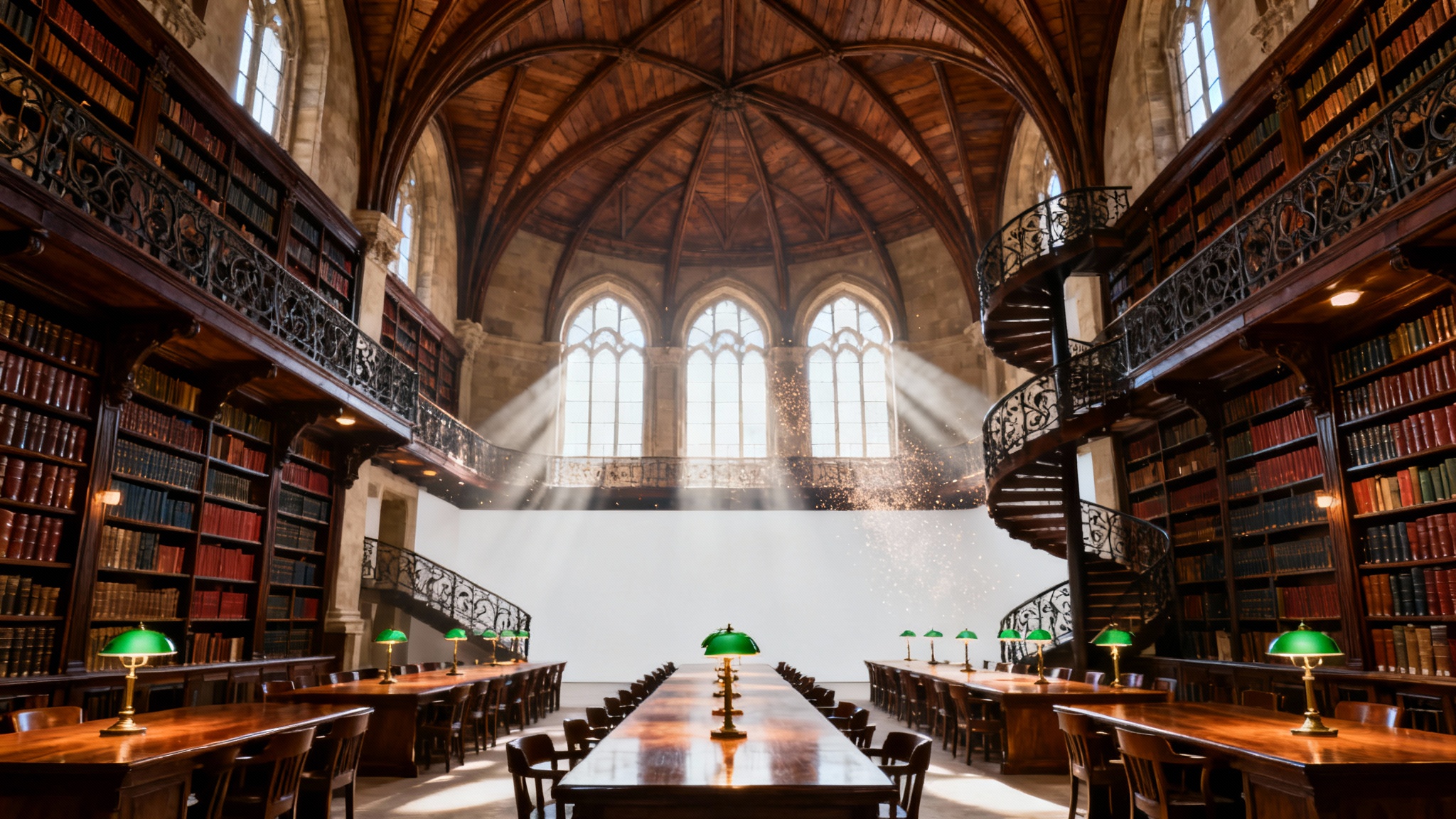 An awe-inspiring interior view of a vast, multi-story grand library with towering bookshelves, vaulted ceilings, and sunlight streaming through large arched windows.