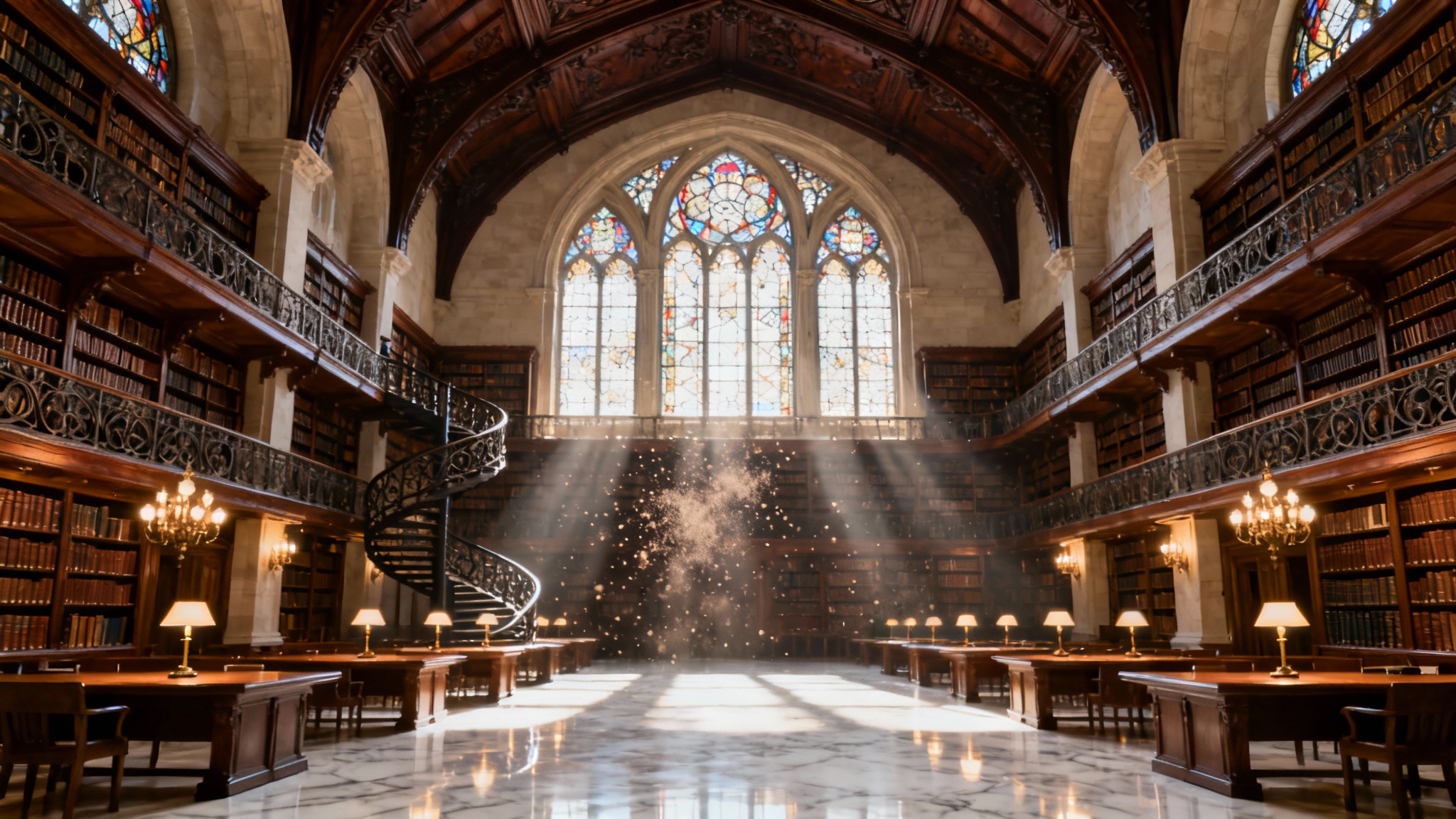 An awe-inspiring interior of a grand, multi-level library, featuring towering bookshelves, vaulted wooden ceilings, and sunbeams shining through large arched windows.