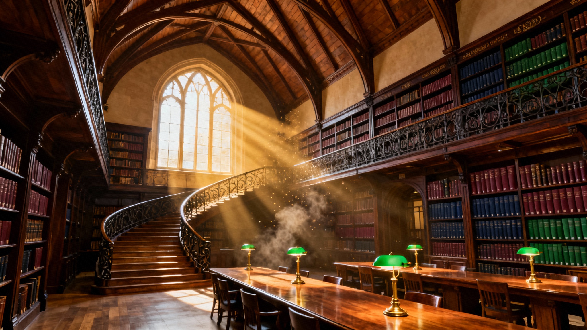 A vast, multi-level library interior with soaring vaulted ceilings, towering wooden bookshelves filled with old books, and sunlight streaming through large arched windows, creating a grand and scholarly atmosphere.