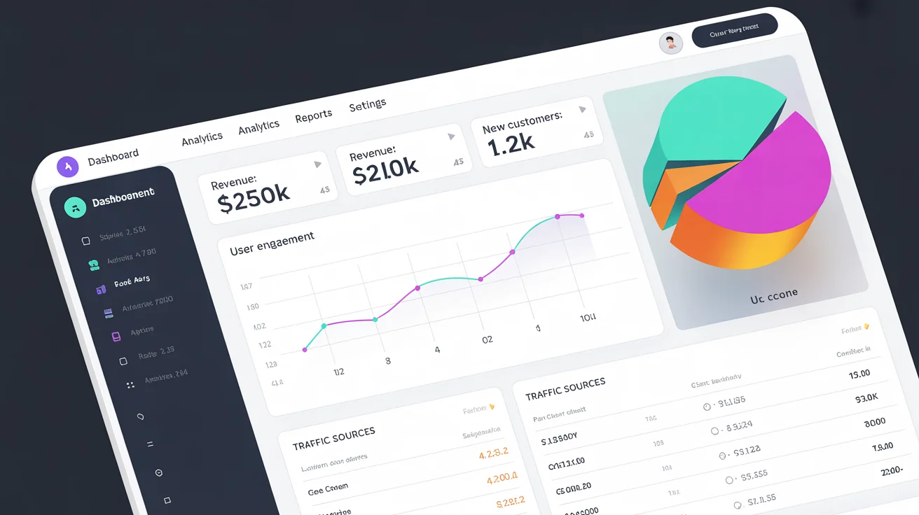 A hero image showing a modern dark-themed admin dashboard UI for a SaaS company, displaying various data charts, graphs, and key performance indicators for revenue and customer growth.