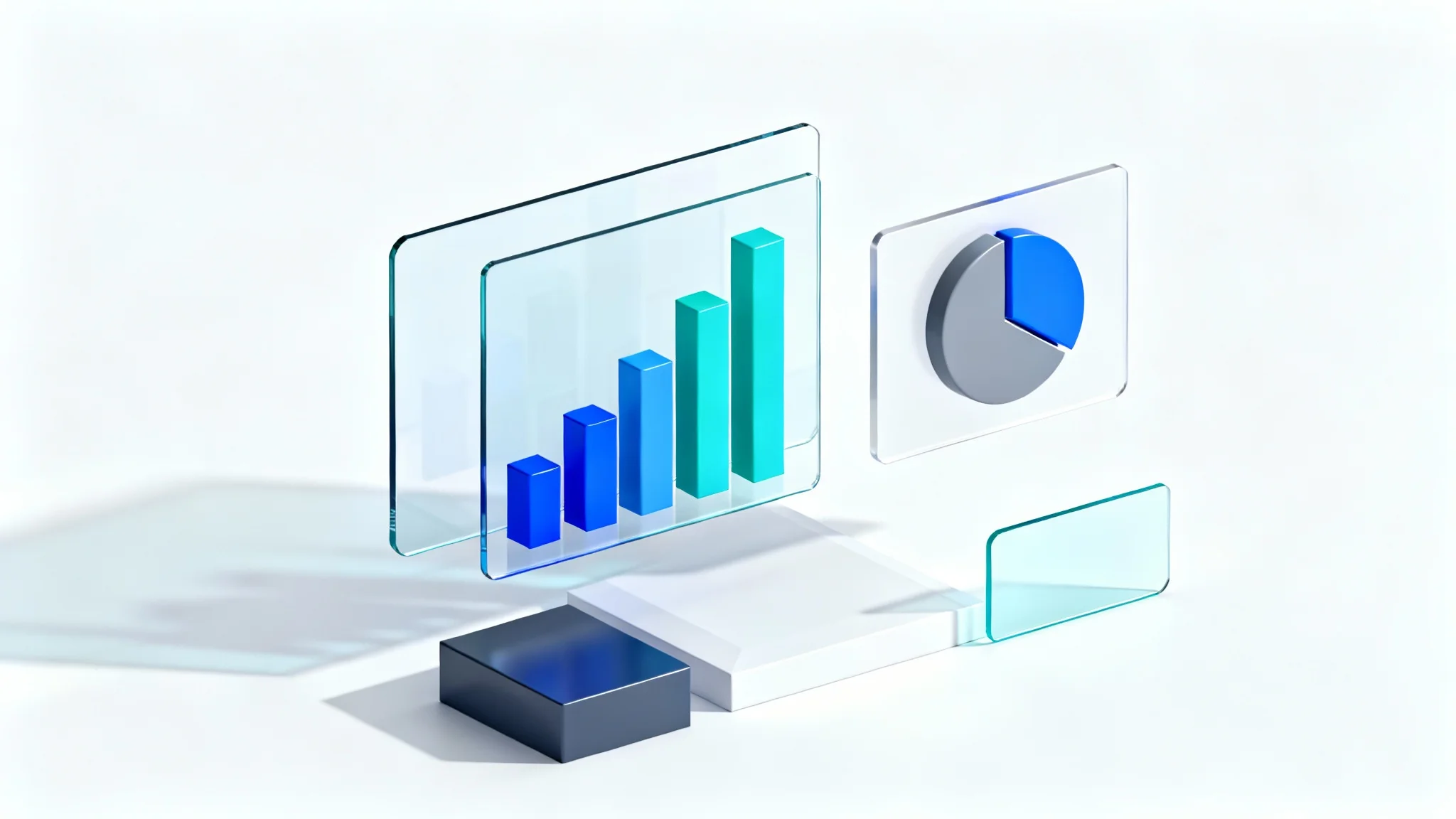 Abstract 3D rendering of a data dashboard concept, featuring floating blue and gray charts, graphs, and geometric shapes against a clean white background, symbolizing data analysis and control.