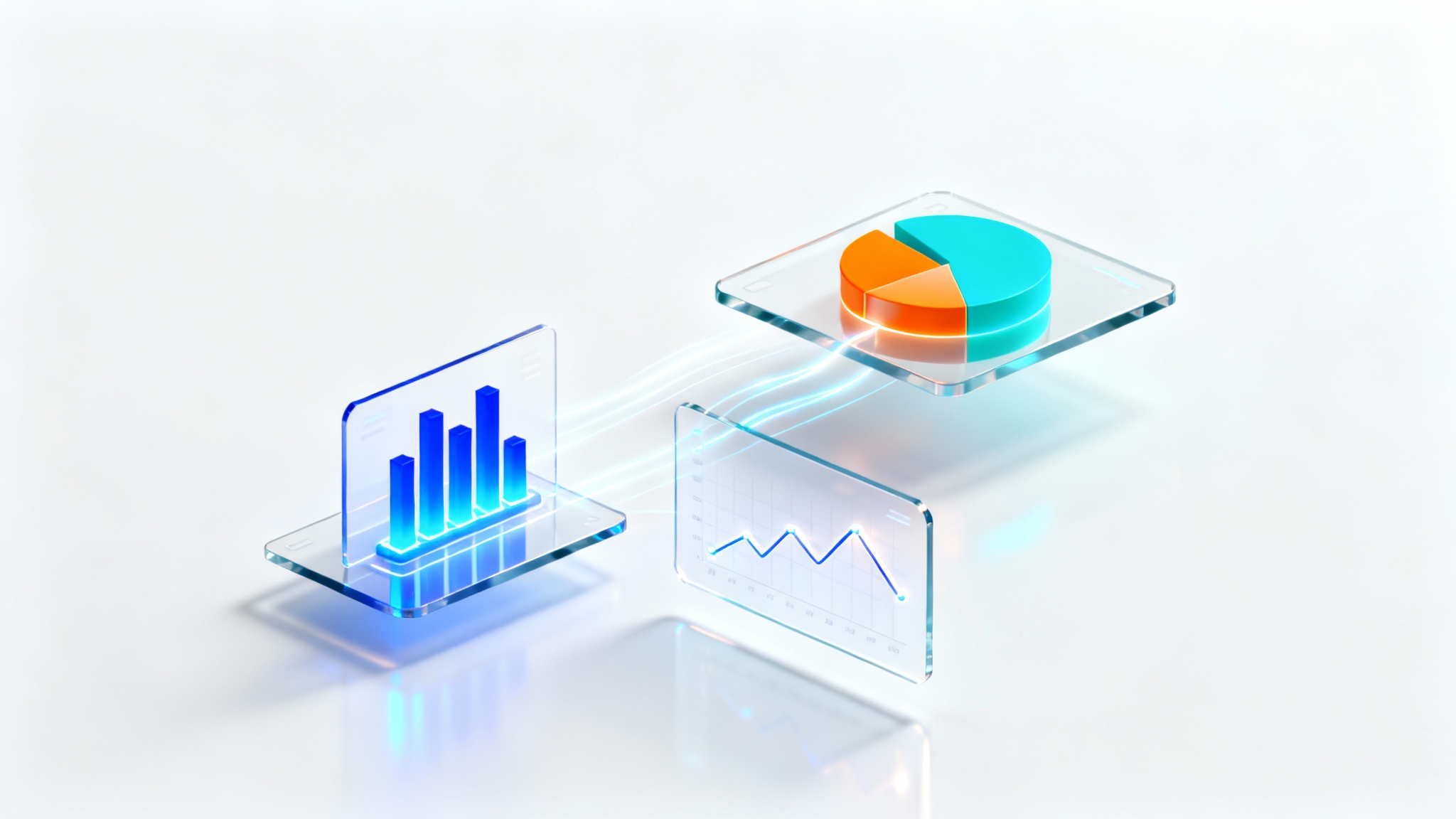 An abstract 3D visualization of an admin dashboard, featuring floating glass panels with minimalist charts and graphs on a clean white background, symbolizing data organization and analytics.