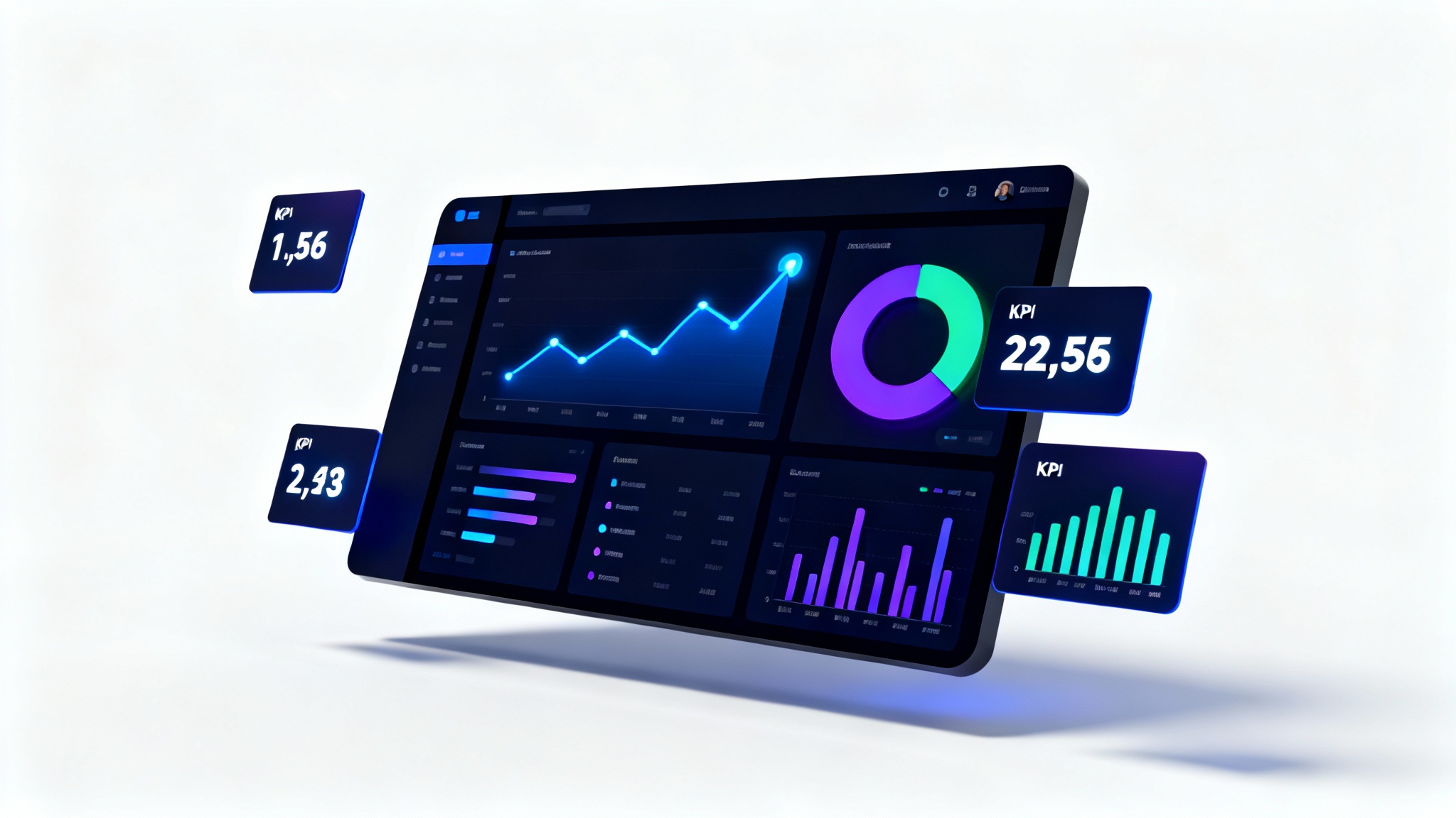 A modern, dark-themed admin dashboard mockup displaying various data charts and graphs, including line charts and donut charts, floating on a clean white background.