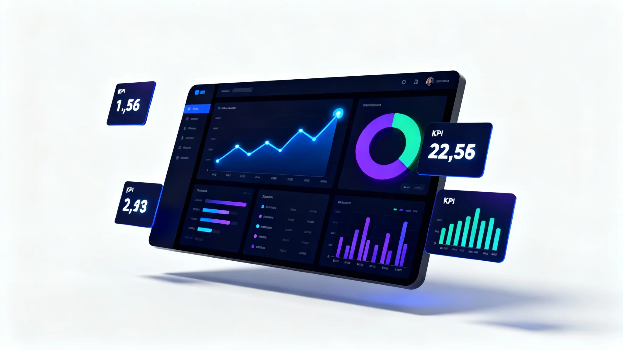 A modern, dark-themed admin dashboard mockup displaying various data charts and graphs, including line charts and donut charts, floating on a clean white background.