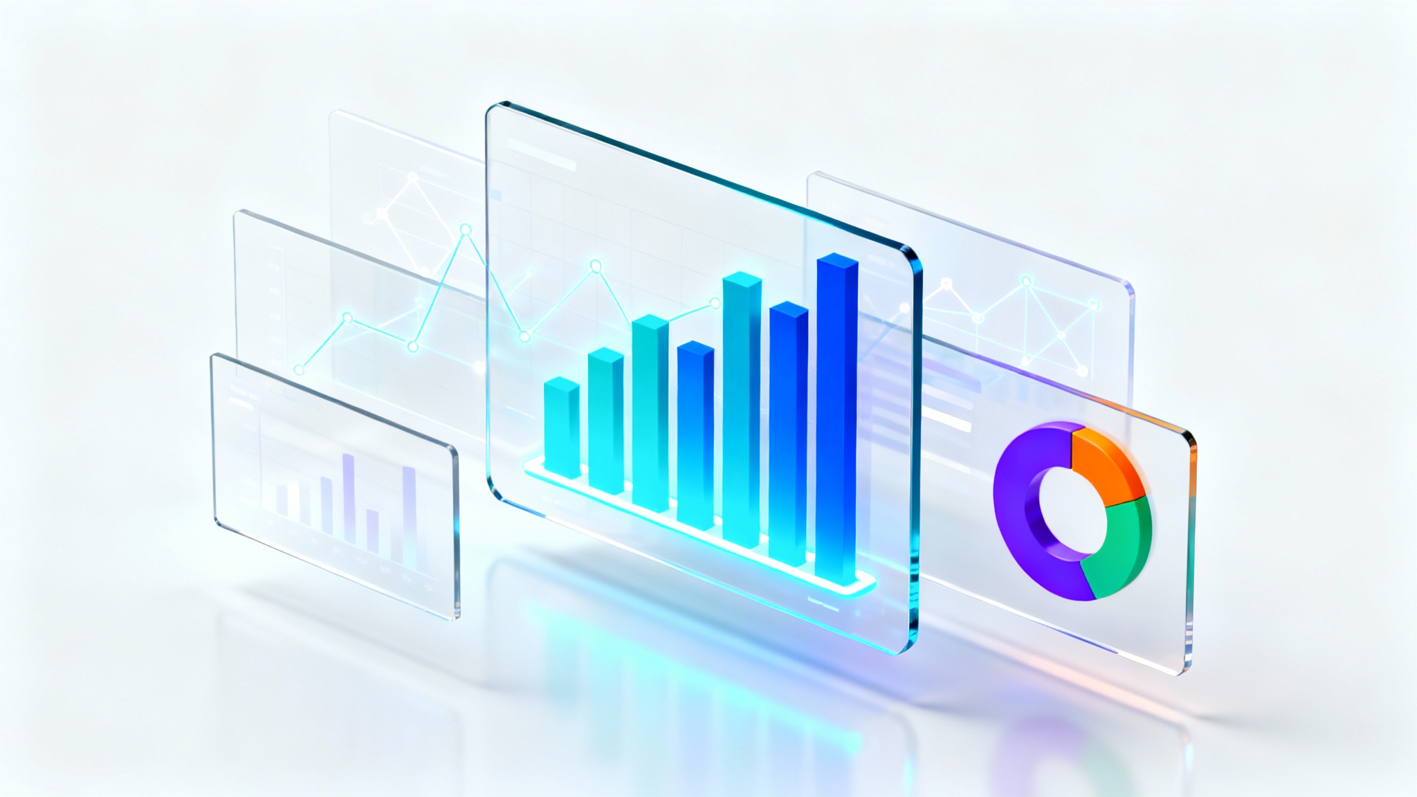 A 3D mockup of a futuristic admin dashboard with floating charts, graphs, and data visualizations in blue, teal, and orange, all set against a plain white background.