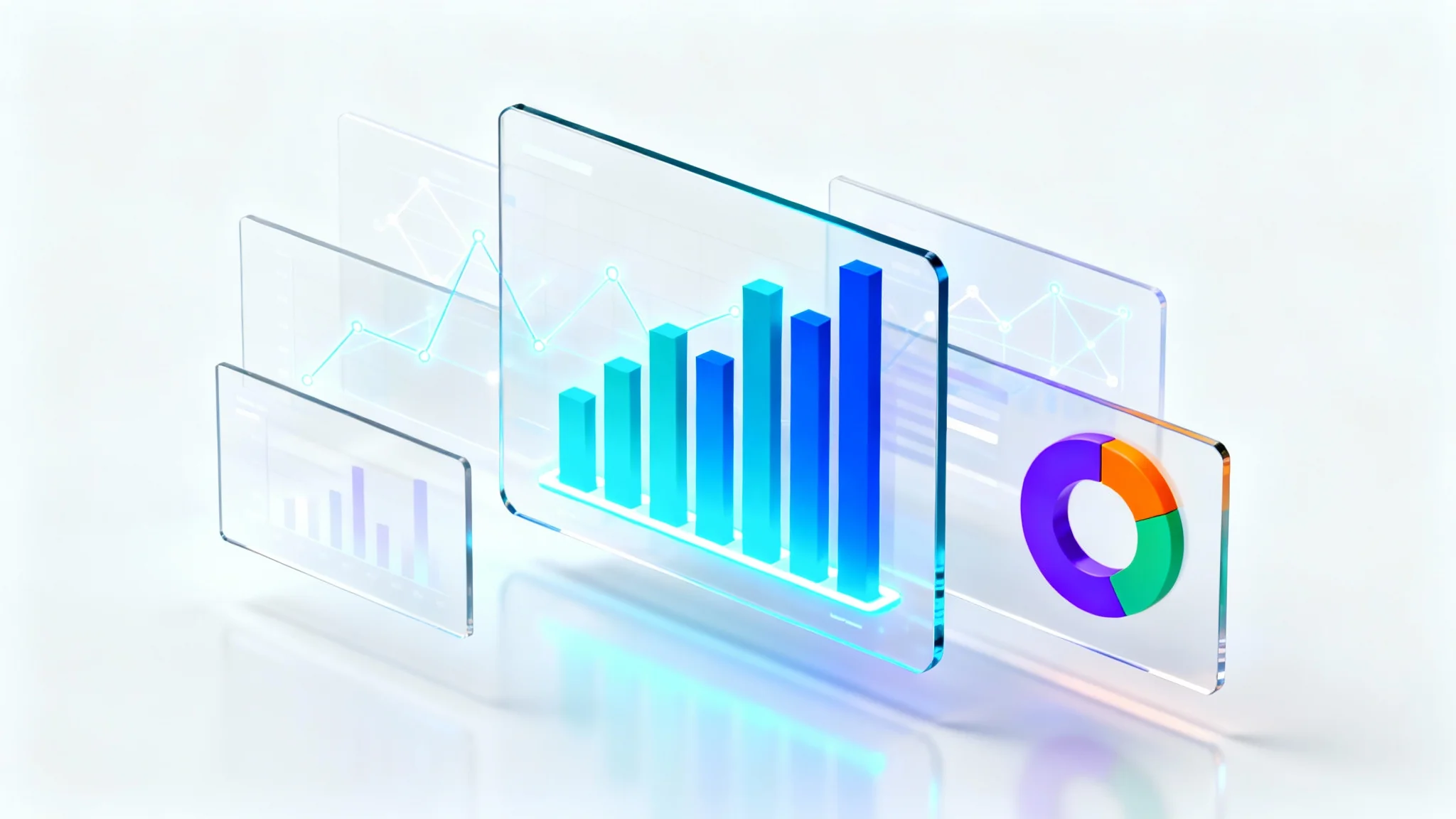 A 3D mockup of a futuristic admin dashboard with floating charts, graphs, and data visualizations in blue, teal, and orange, all set against a plain white background.