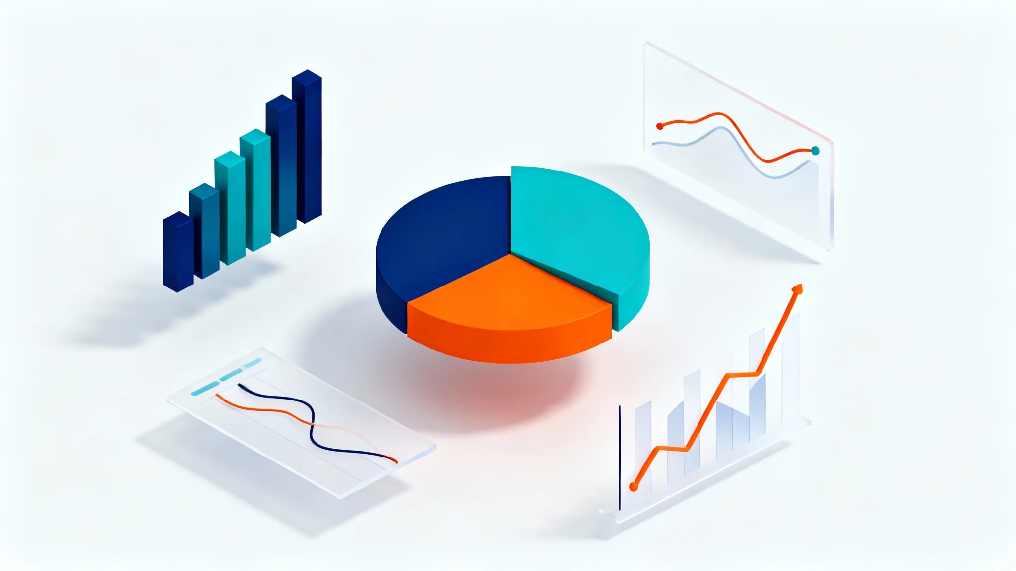 Abstract 3D rendering of data charts, including bar graphs and a pie chart, in blue, teal, and orange, symbolizing an admin dashboard and data management.