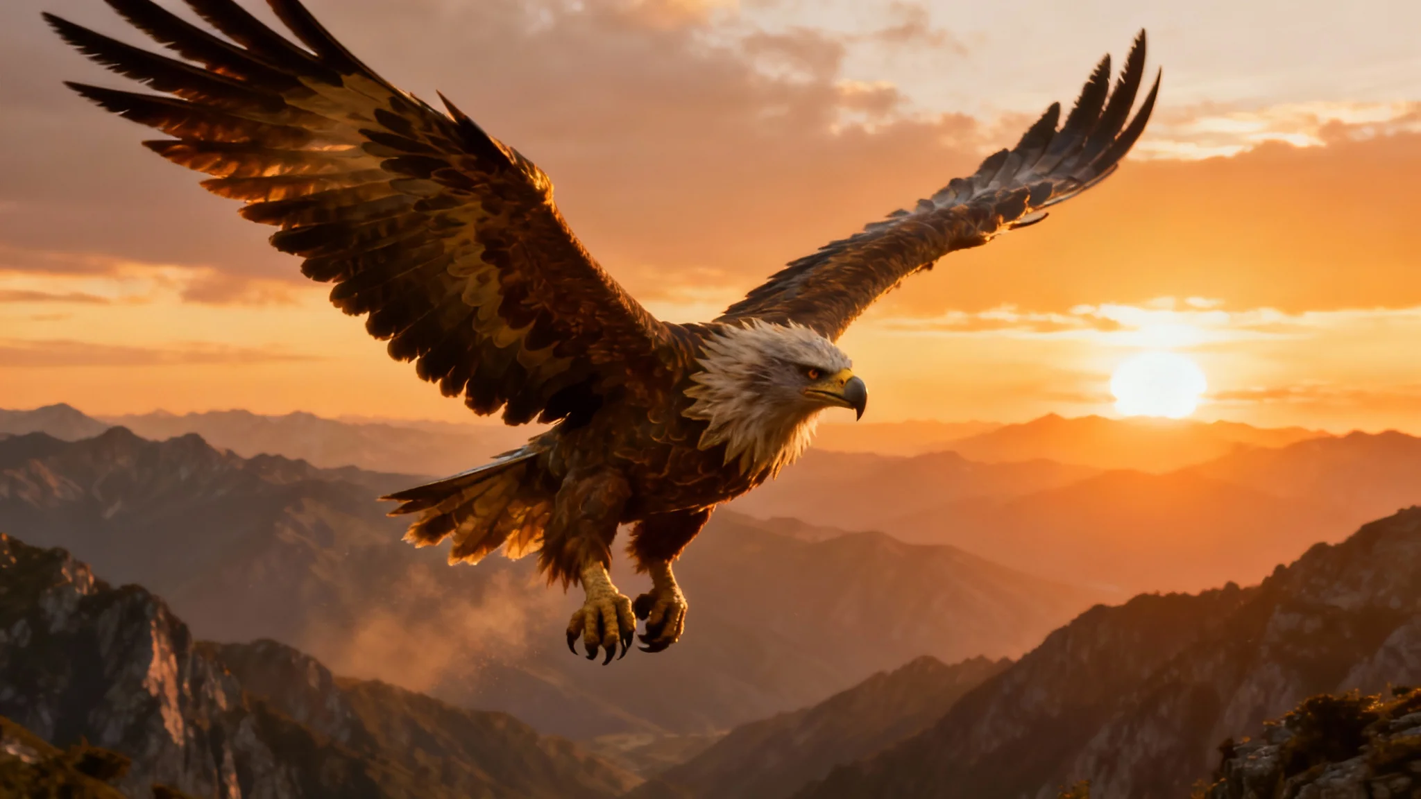 A stunning, photorealistic image of a majestic griffin flying over a mountain range at sunset, its eagle head and lion body captured in incredible detail.