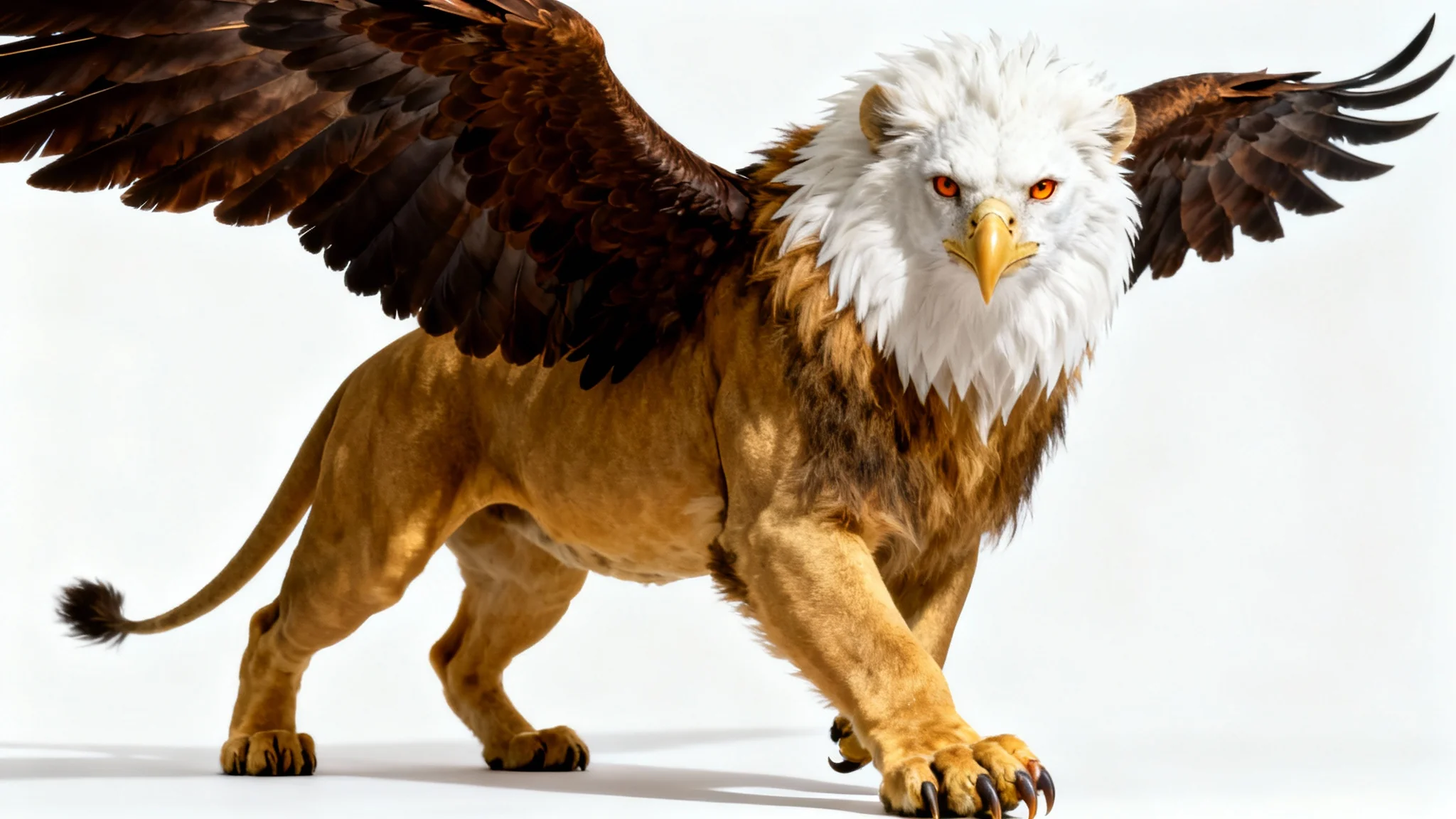 A hyper-realistic, full-body portrait of a majestic Griffin with the body of a lion and the head of an eagle, posing powerfully against a clean white background.