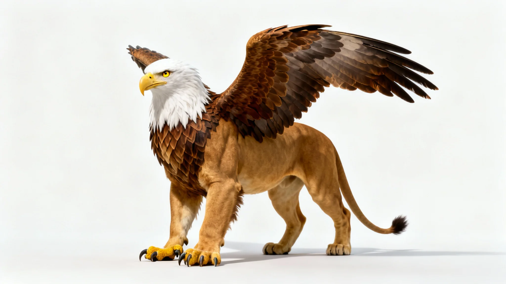 A photorealistic mockup of a majestic griffin, half-eagle and half-lion, standing heroically against a plain white background.