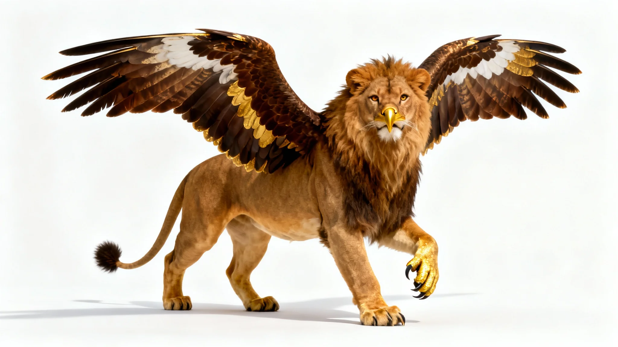 A majestic, photorealistic griffin with the body of a lion and the head and wings of an eagle, standing on a plain white background in a studio setting.
