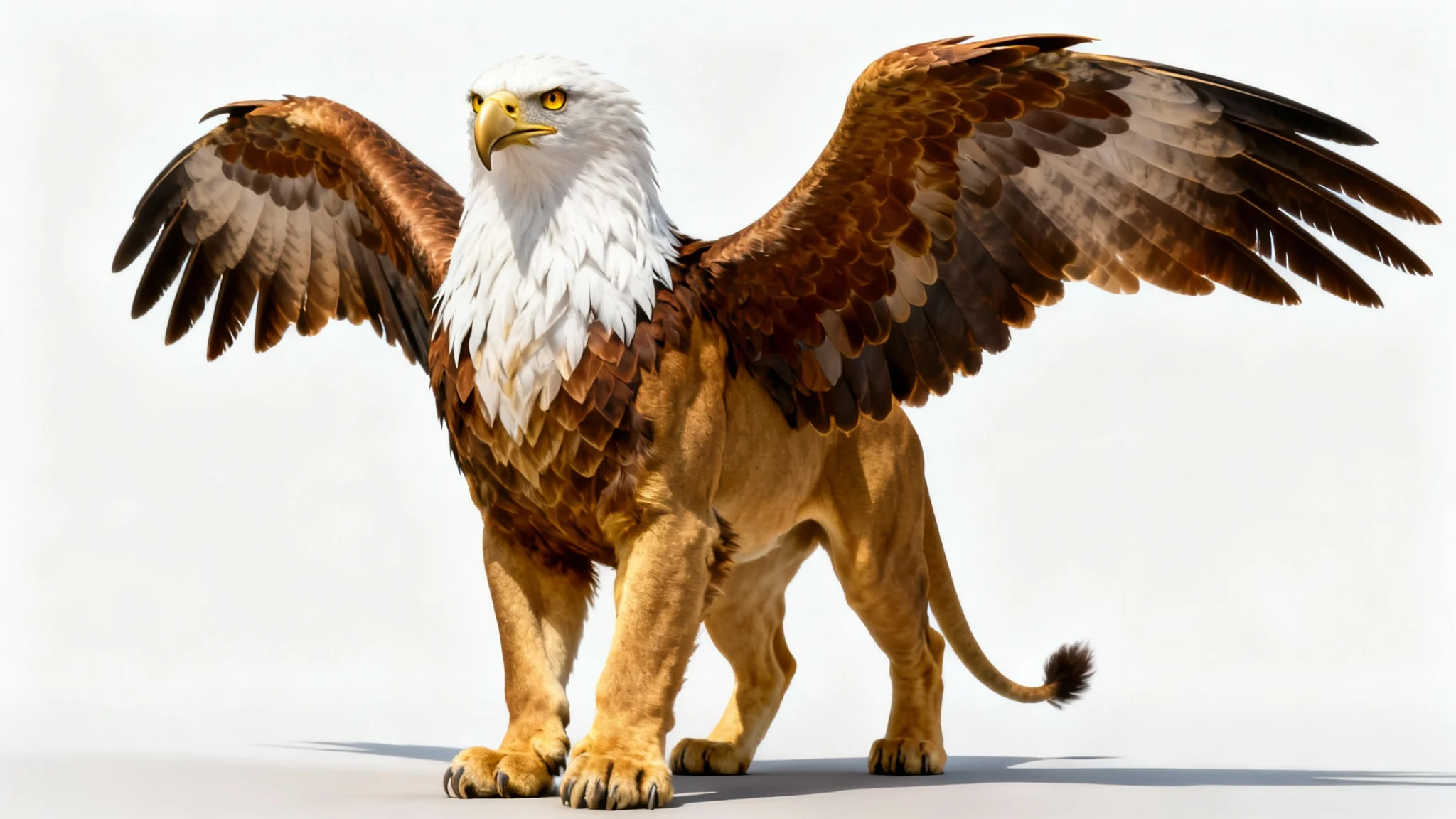 A photorealistic mockup of a majestic griffin, a mythical creature with the body of a lion and the head and wings of an eagle, standing on a flat surface against a solid white background.