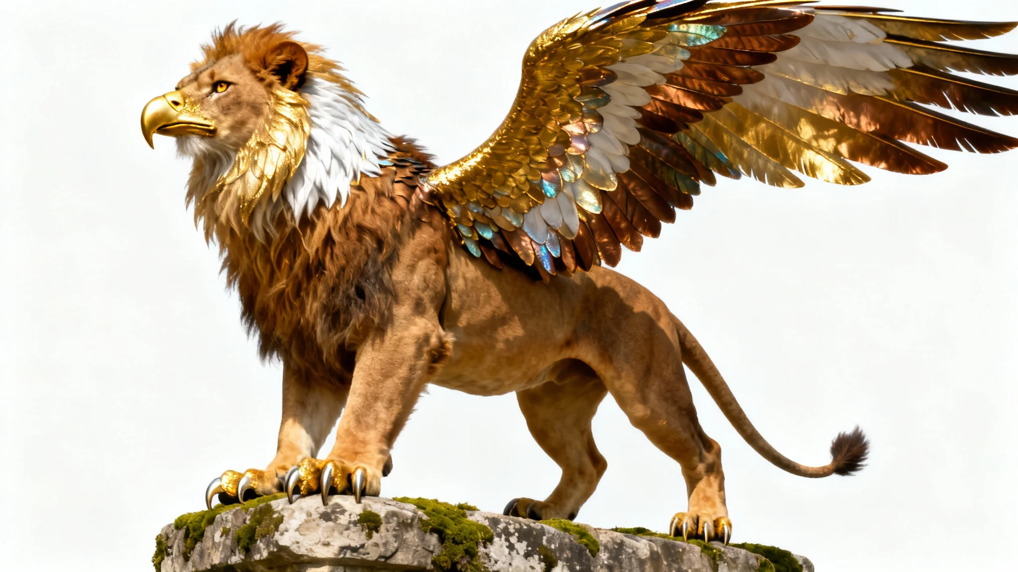 A photorealistic image of a majestic griffin, a mythical creature with a lion's body and an eagle's head and wings, standing proudly on a rock against a plain white background.